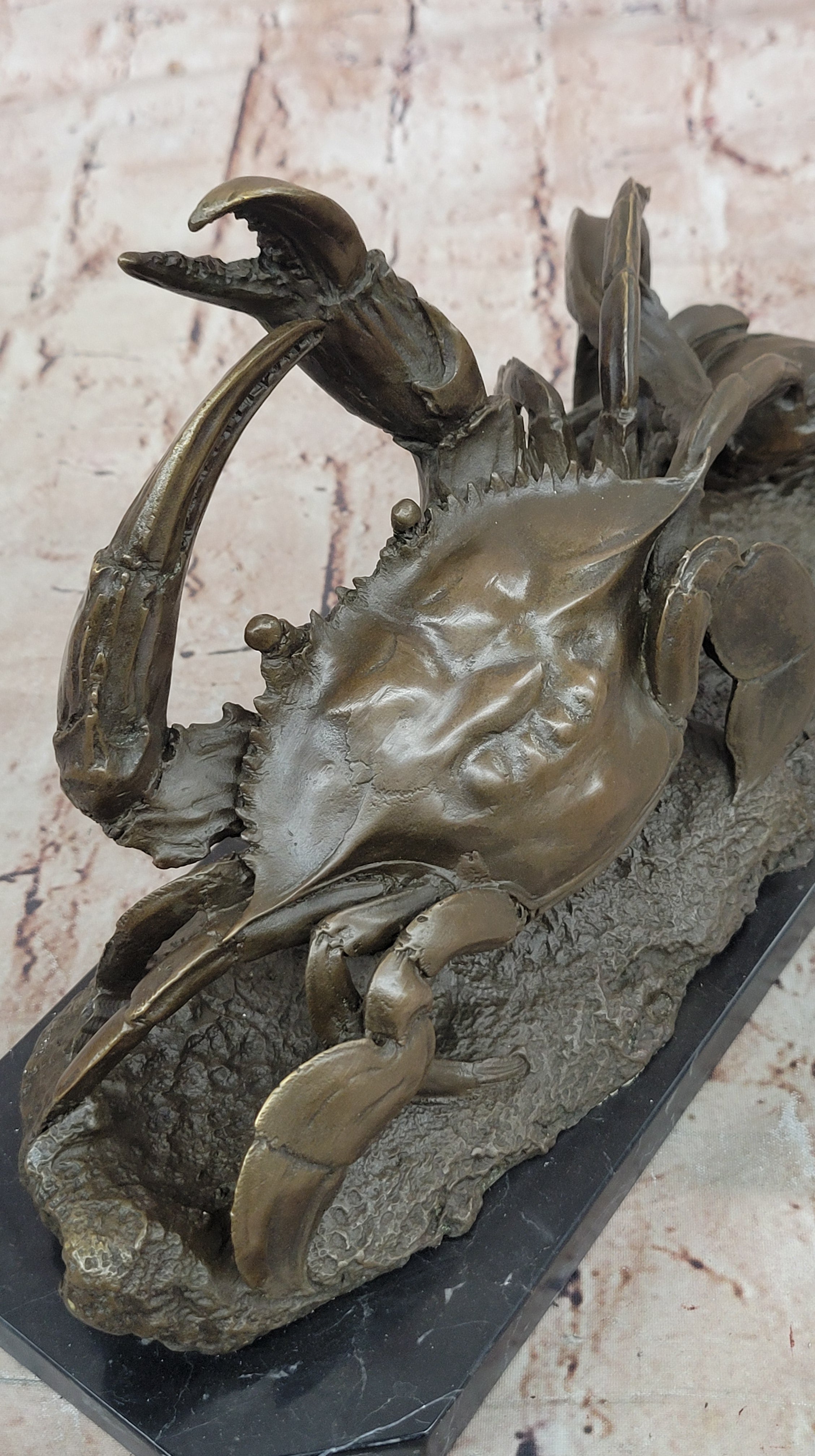 Handcrafted Brown Patina Crab Lobster Bronze Sculpture Marble Base Figurine
