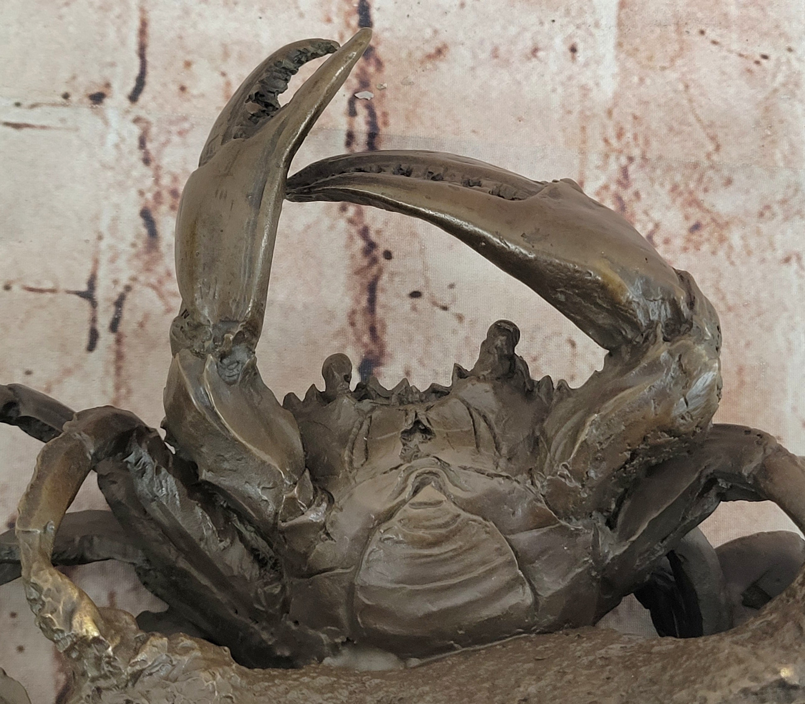 Handcrafted Brown Patina Crab Lobster Bronze Sculpture Marble Base Figurine