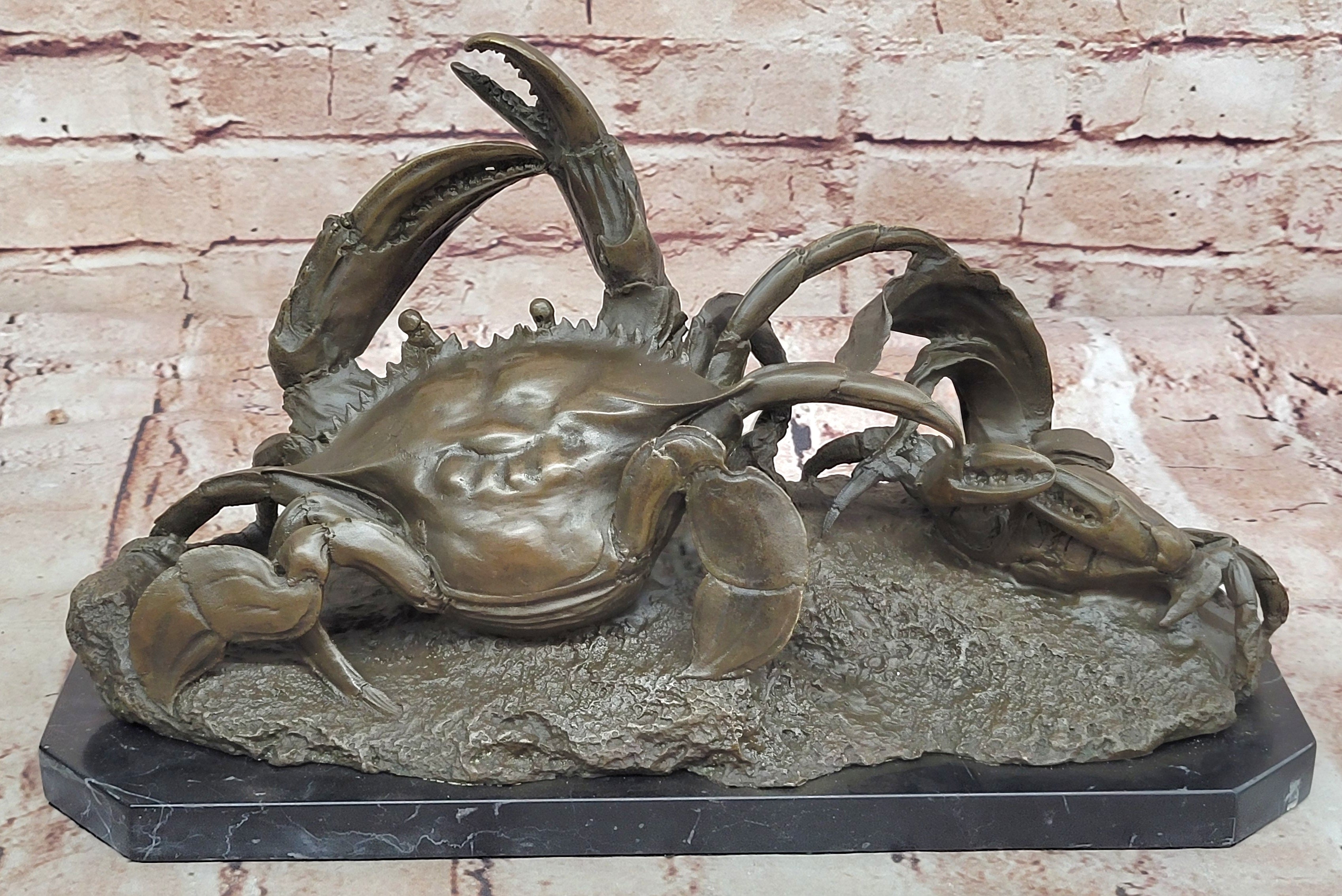 Handcrafted Brown Patina Crab Lobster Bronze Sculpture Marble Base Figurine