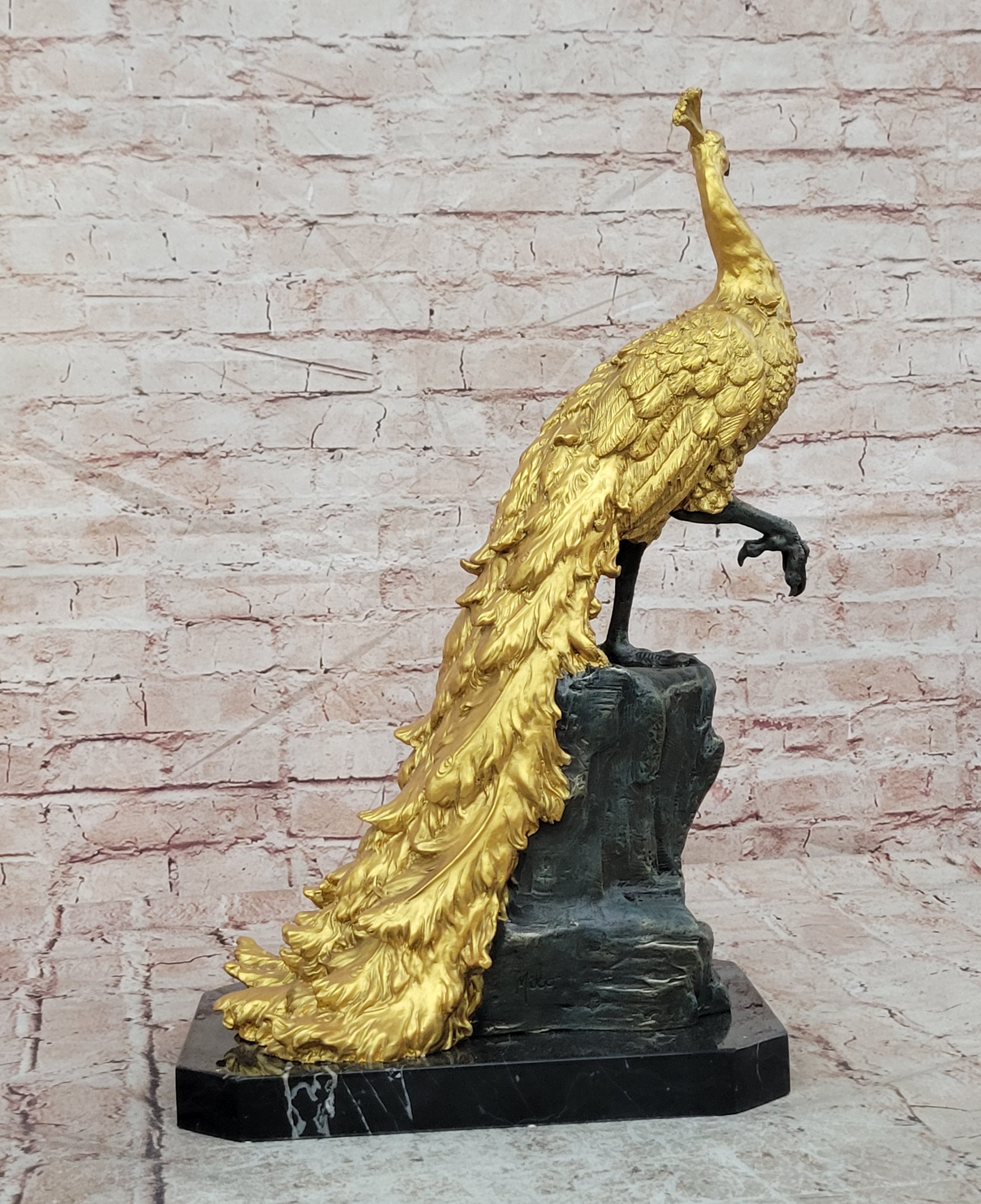 Bronze Peacock Centerpiece Sculpture Signed Milo Bird Statue Collectible Art