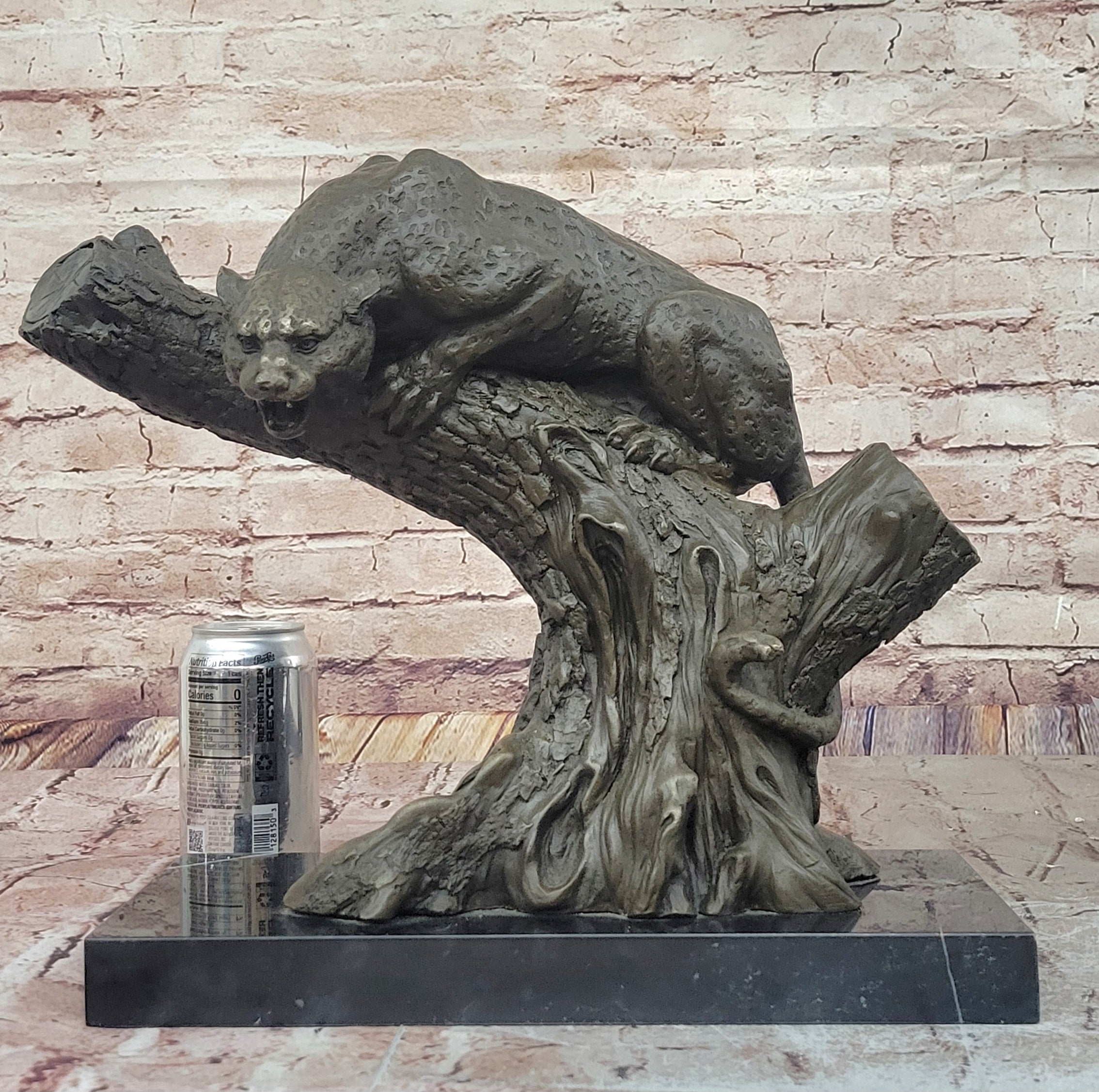 Handcrafted Massive Cougar on a tree Stump Bronze Sculpture Home Cabin Decor