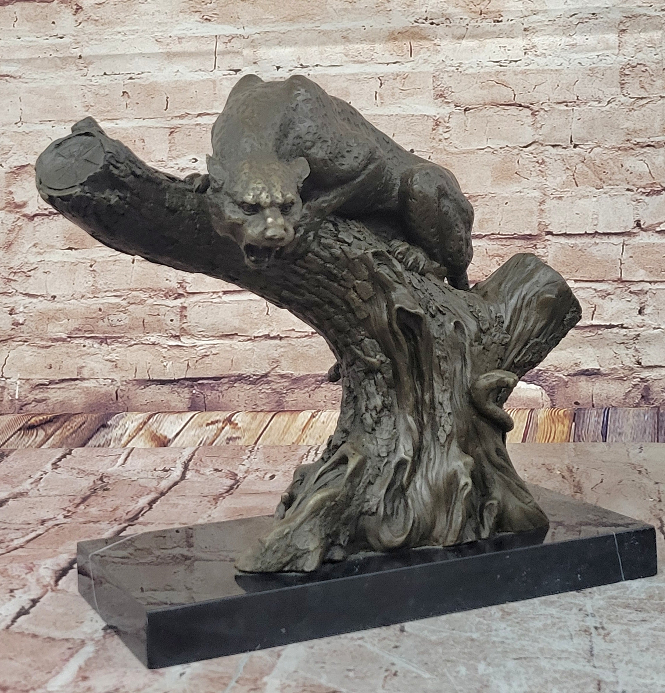 Handcrafted Massive Cougar on a tree Stump Bronze Sculpture Home Cabin Decor