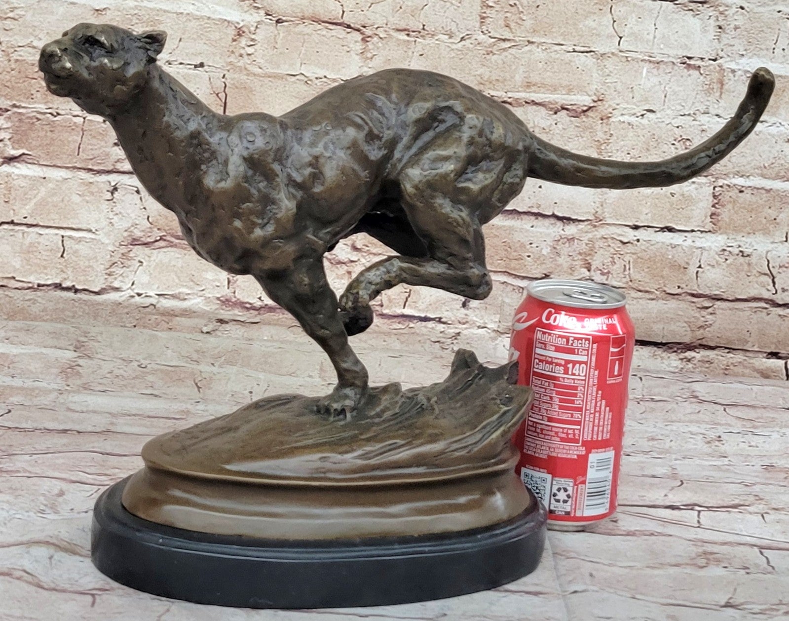 Classic Artwork: Milo`s Signed Stalking Puma Bronze Sculpture on Marble Base