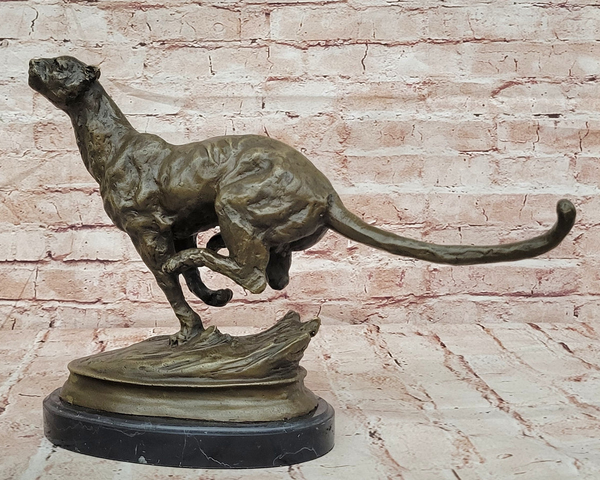 Classic Artwork: Milo`s Signed Stalking Puma Bronze Sculpture on Marble Base