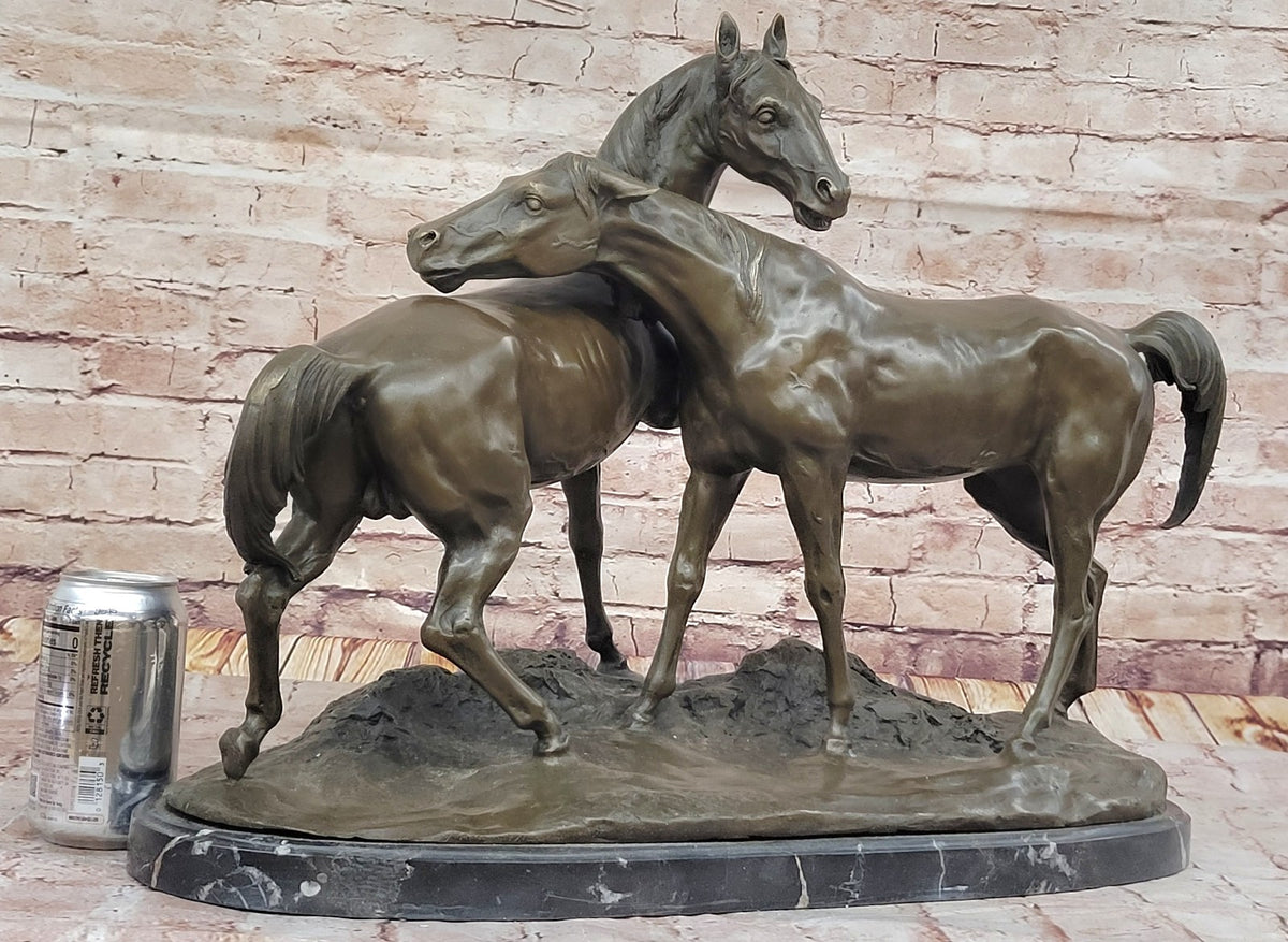 Fine Art Bronze Sculpture: Two Loving Horses by French Artist Lost Wax Method