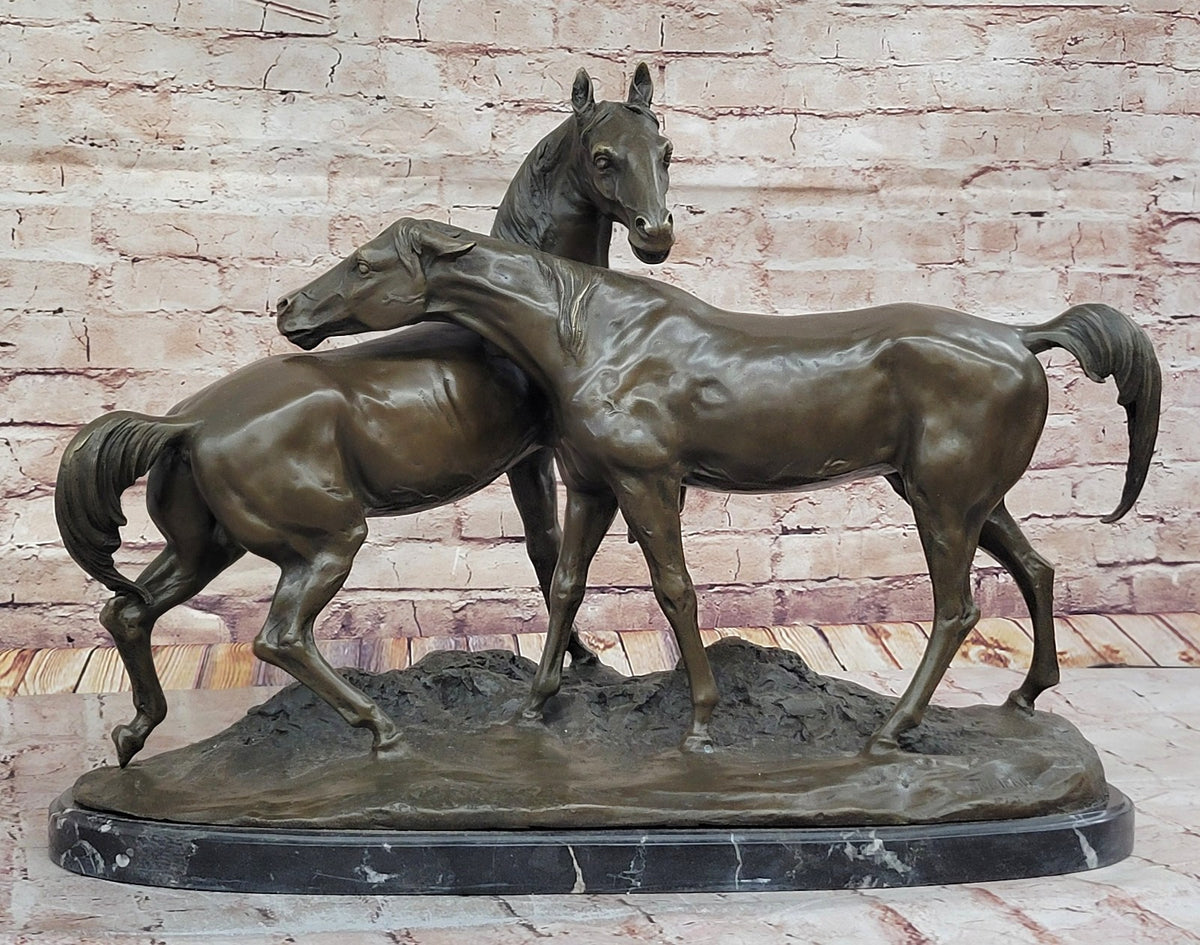 Fine Art Bronze Sculpture: Two Loving Horses by French Artist Lost Wax Method