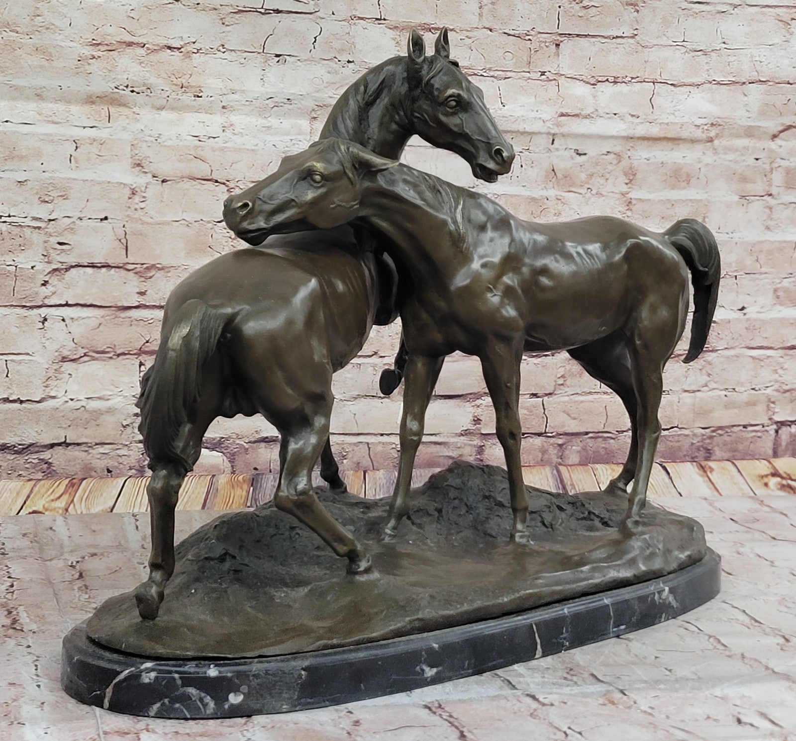 Fine Art Bronze Sculpture: Two Loving Horses by French Artist Lost Wax Method