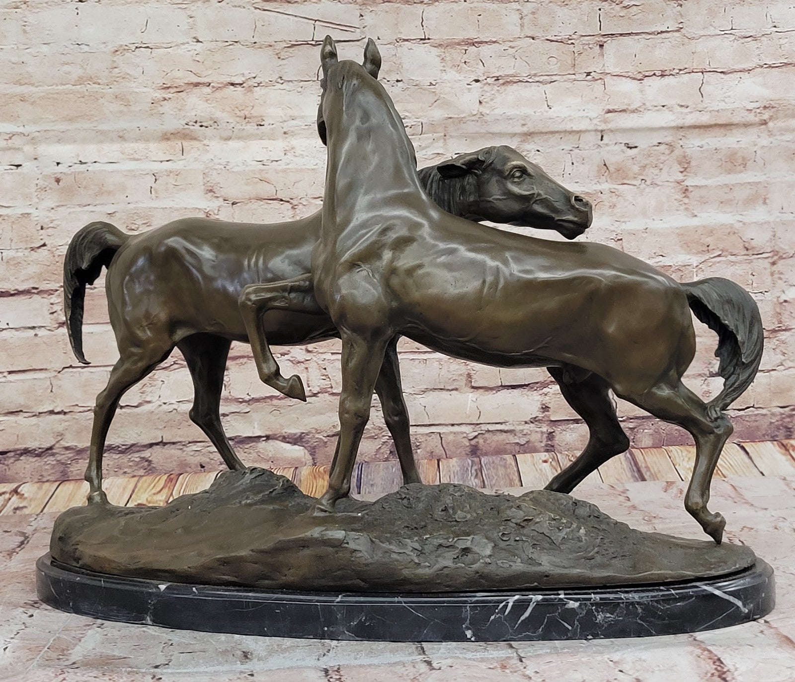 Fine Art Bronze Sculpture: Two Loving Horses by French Artist Lost Wax Method