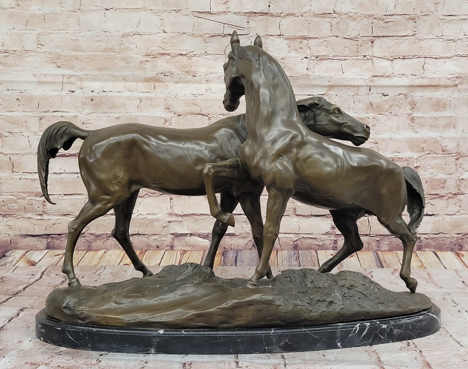 Fine Art Bronze Sculpture: Two Loving Horses by French Artist Lost Wax Method