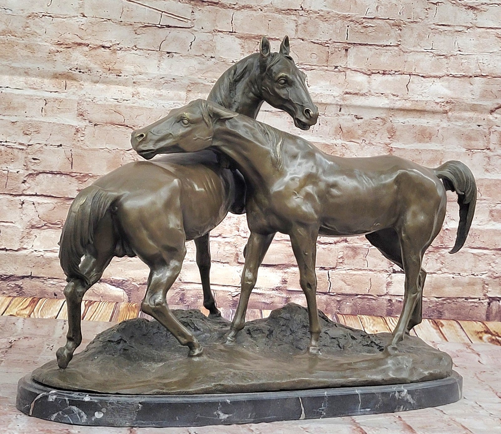 Fine Art Bronze Sculpture: Two Loving Horses by French Artist Lost Wax Method