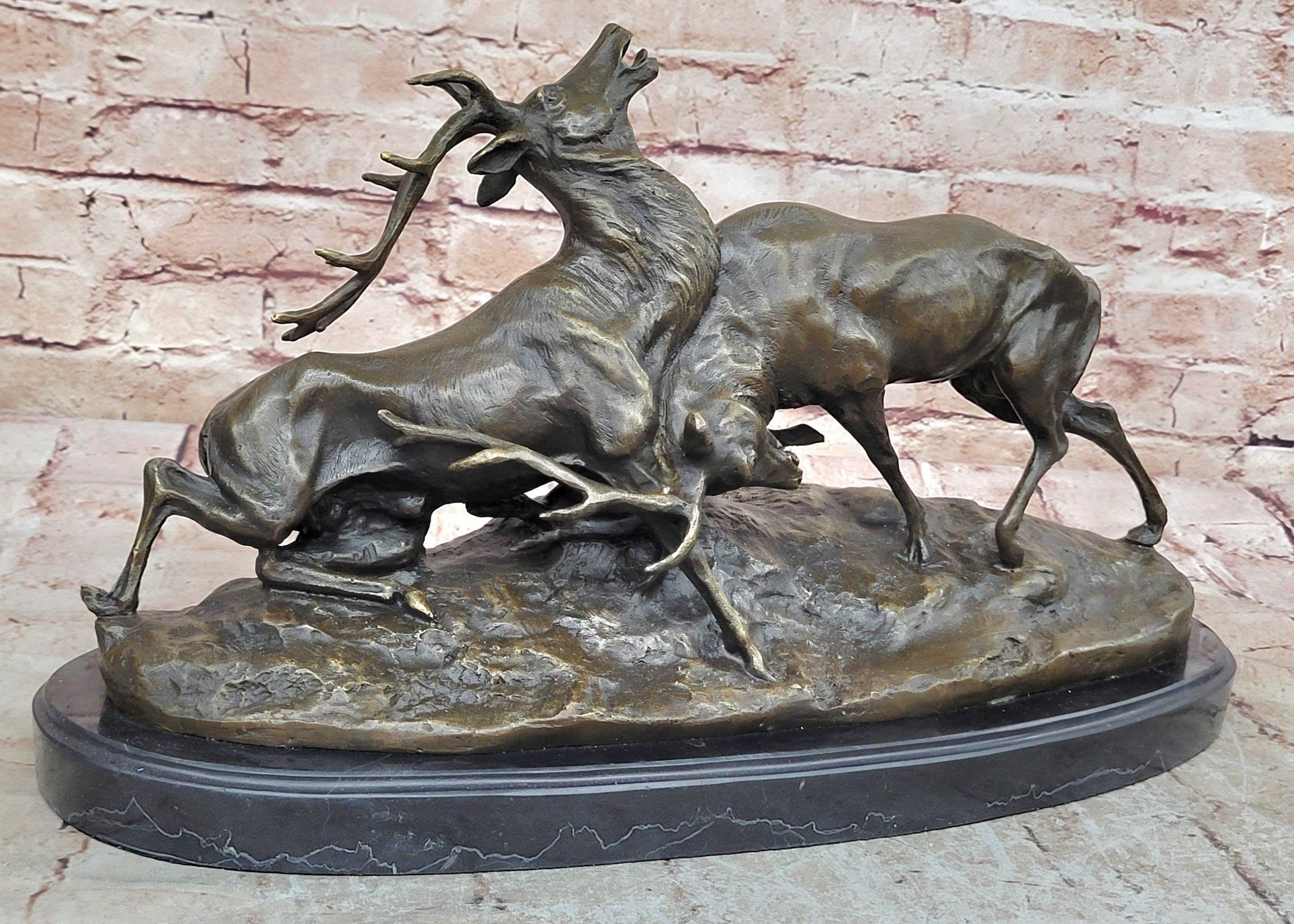 Art Deco Signed Original Two Elks Hot Cast Bronze Sculpture Lost Wax Deal Sale