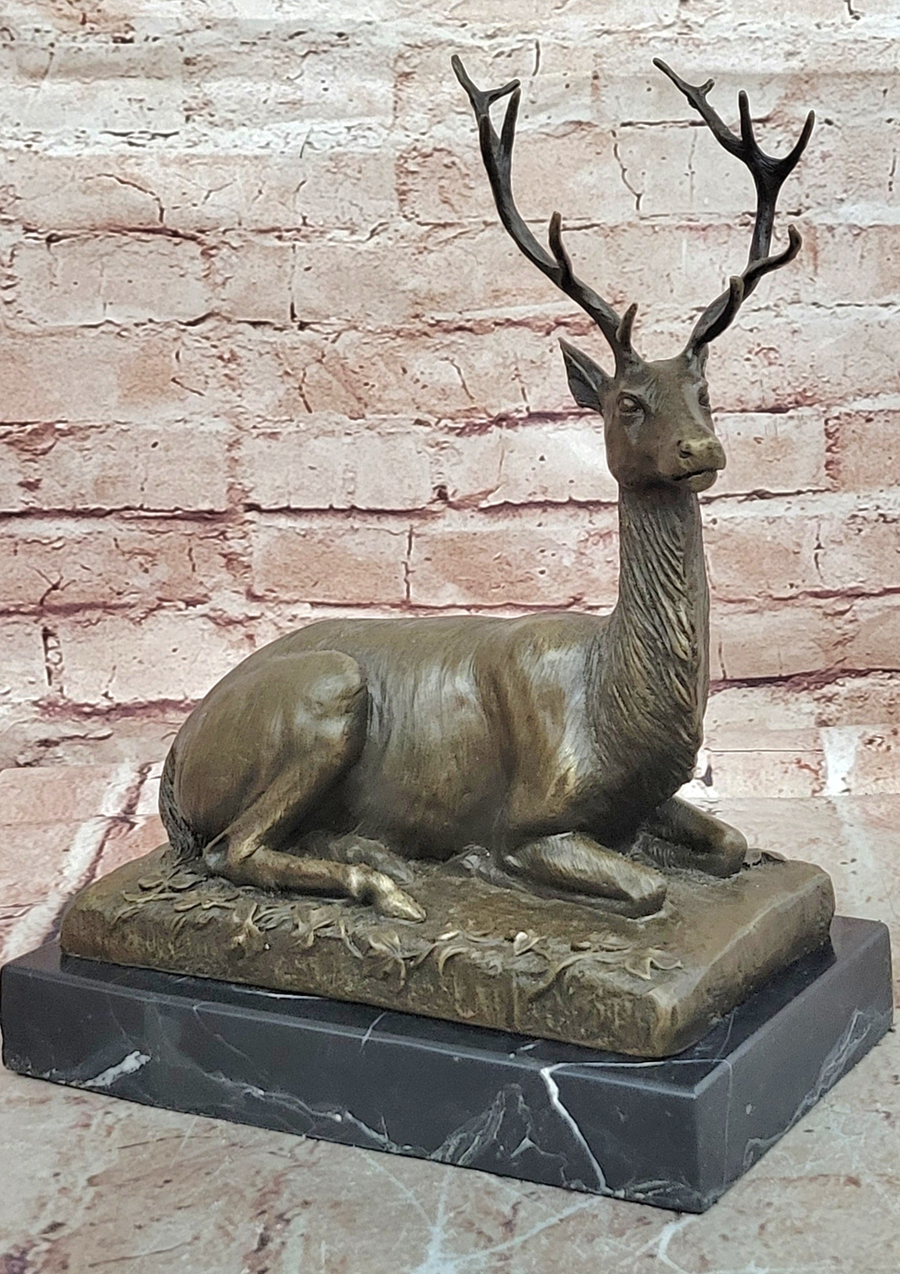 P. Lecourtier Bronze Sitting Deer Elk Stag Sculpture Hot Cast Home Office Decor