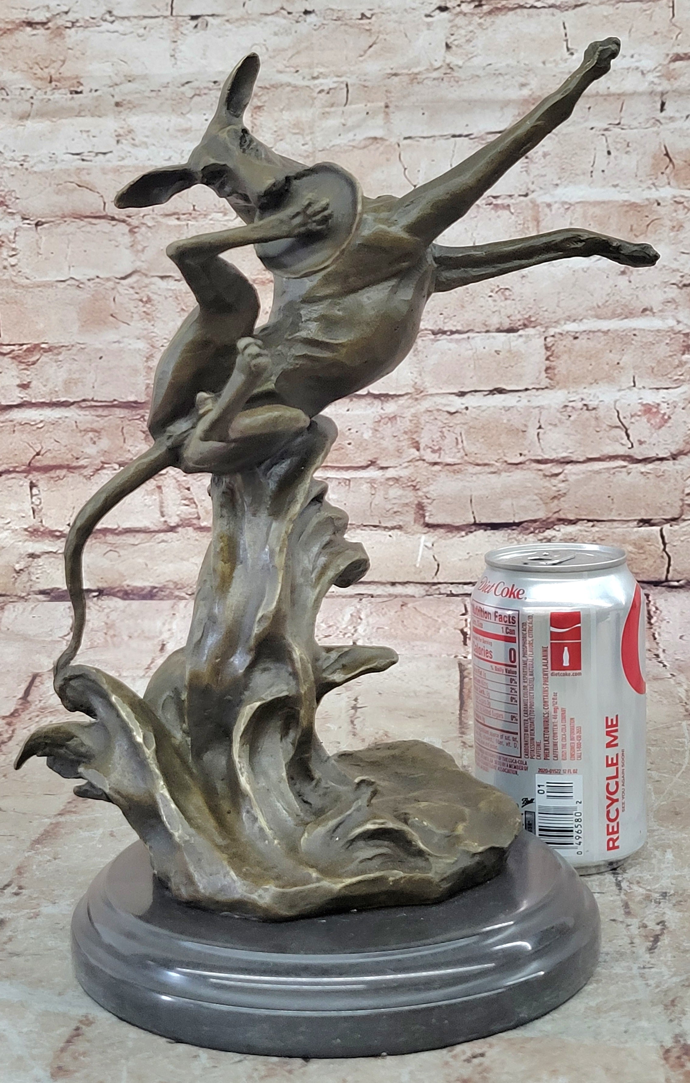 Puppy Dog Fetching Frisbee Bronze Sculpture by Milo Handcrafted Marble Base Deco