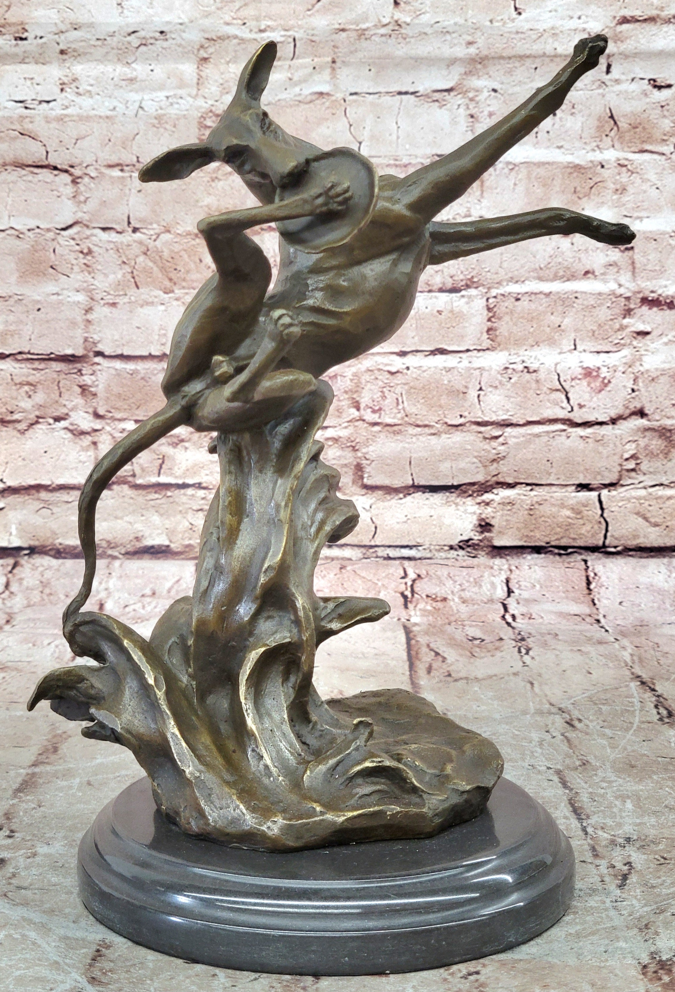 Puppy Dog Fetching Frisbee Bronze Sculpture by Milo Handcrafted Marble Base Deco