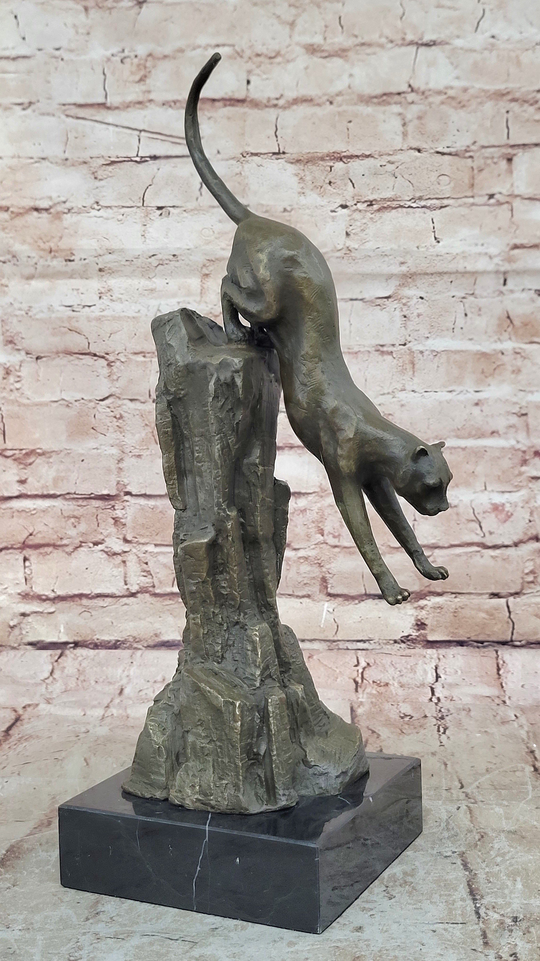 Art Deco Mountain Lion Cougar Wildlife Bronze Sculpture Masterpiece Figurine