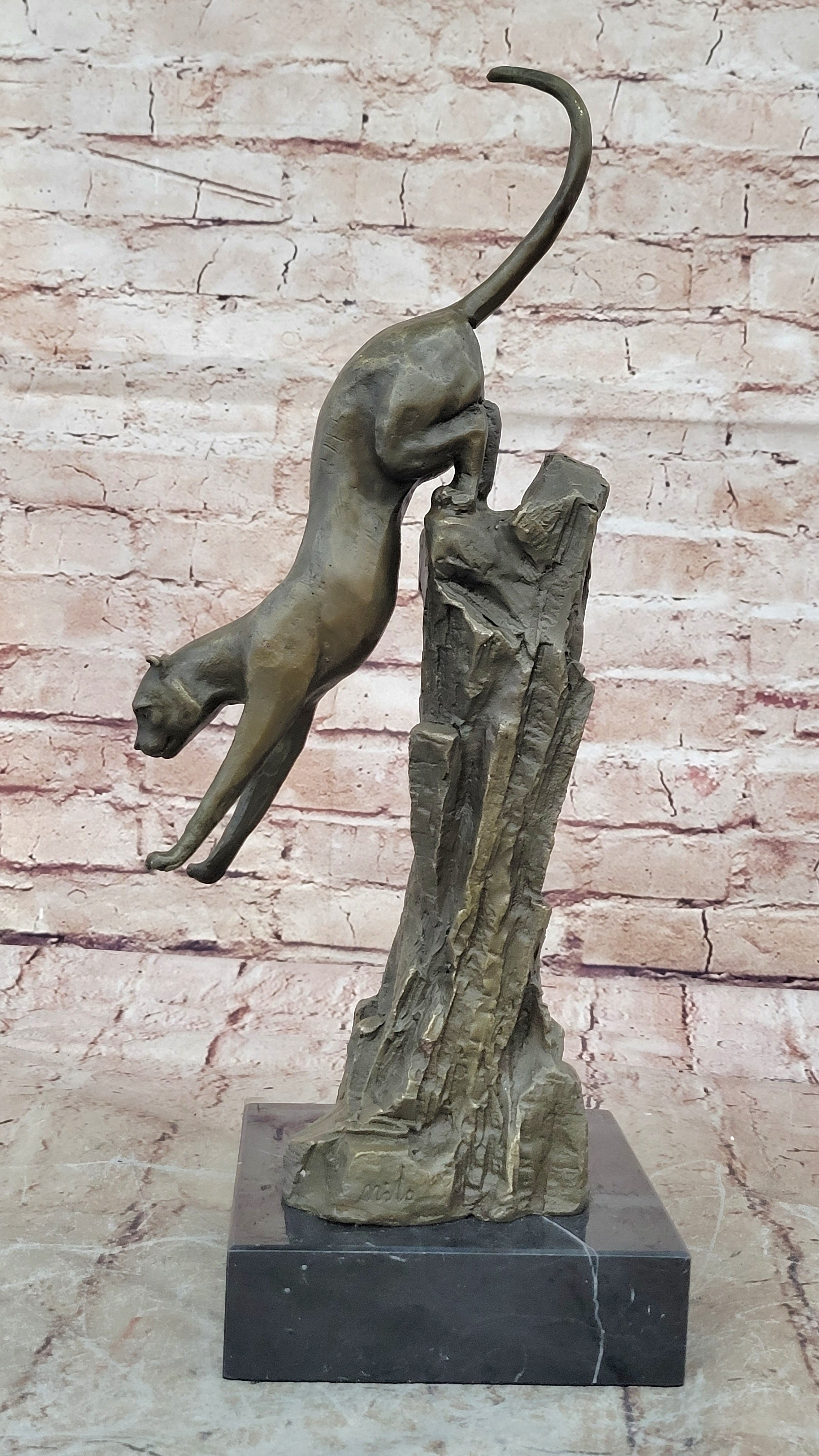 Art Deco Mountain Lion Cougar Wildlife Bronze Sculpture Masterpiece Figurine