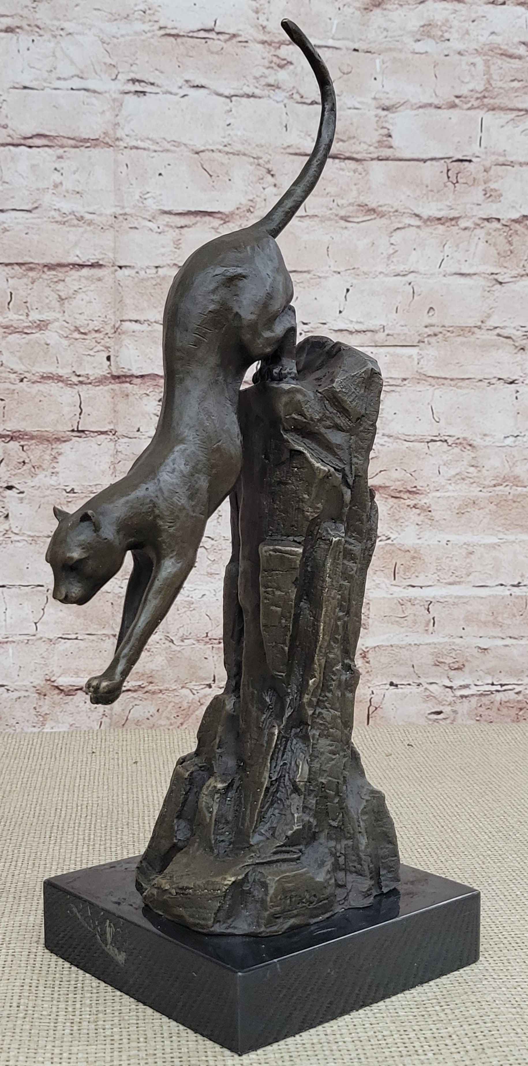 Art Deco Mountain Lion Cougar Wildlife Bronze Sculpture Masterpiece Figurine