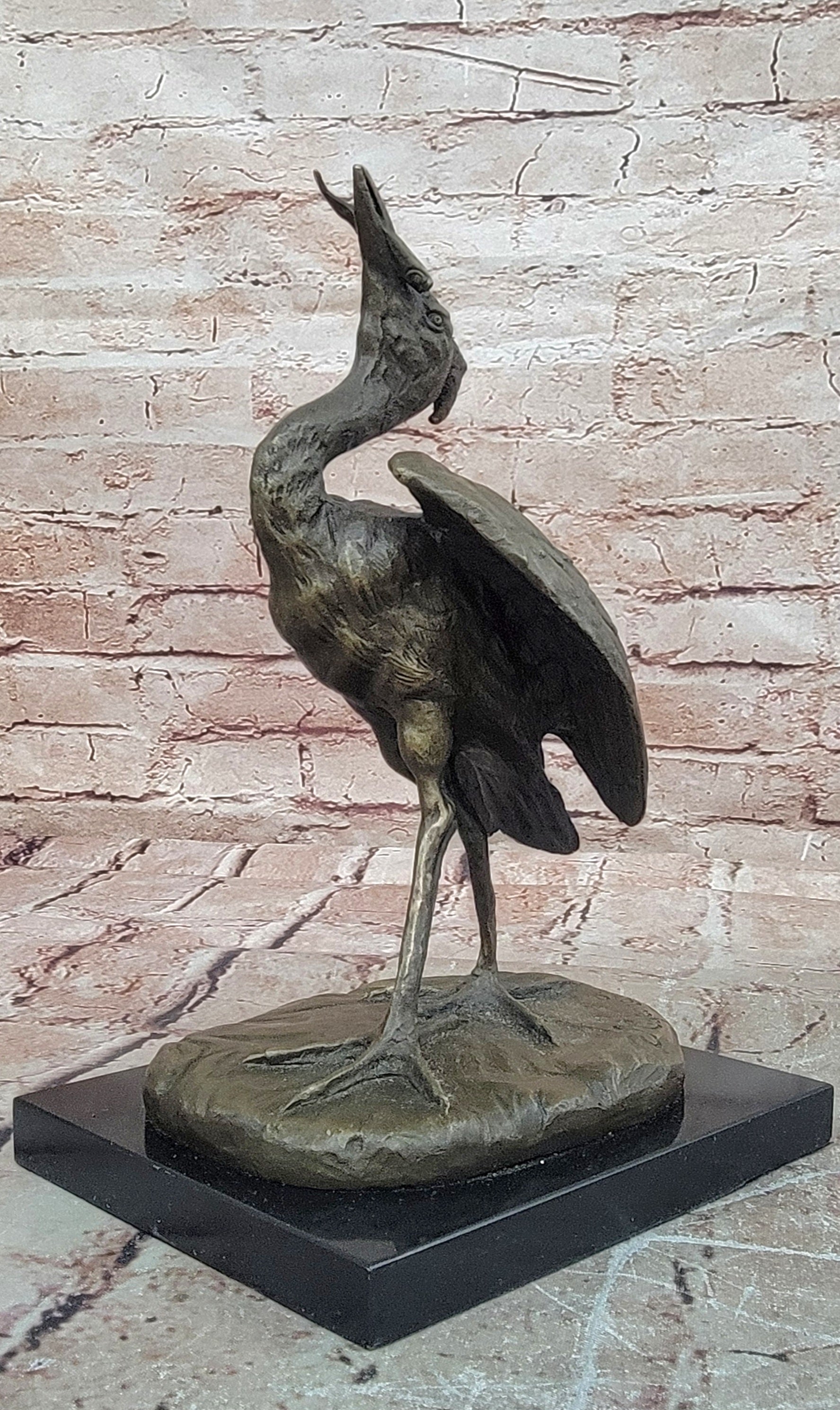 Bronze Stork with Fish Sculpture Agathon Leonard Fine Art Bird Statue