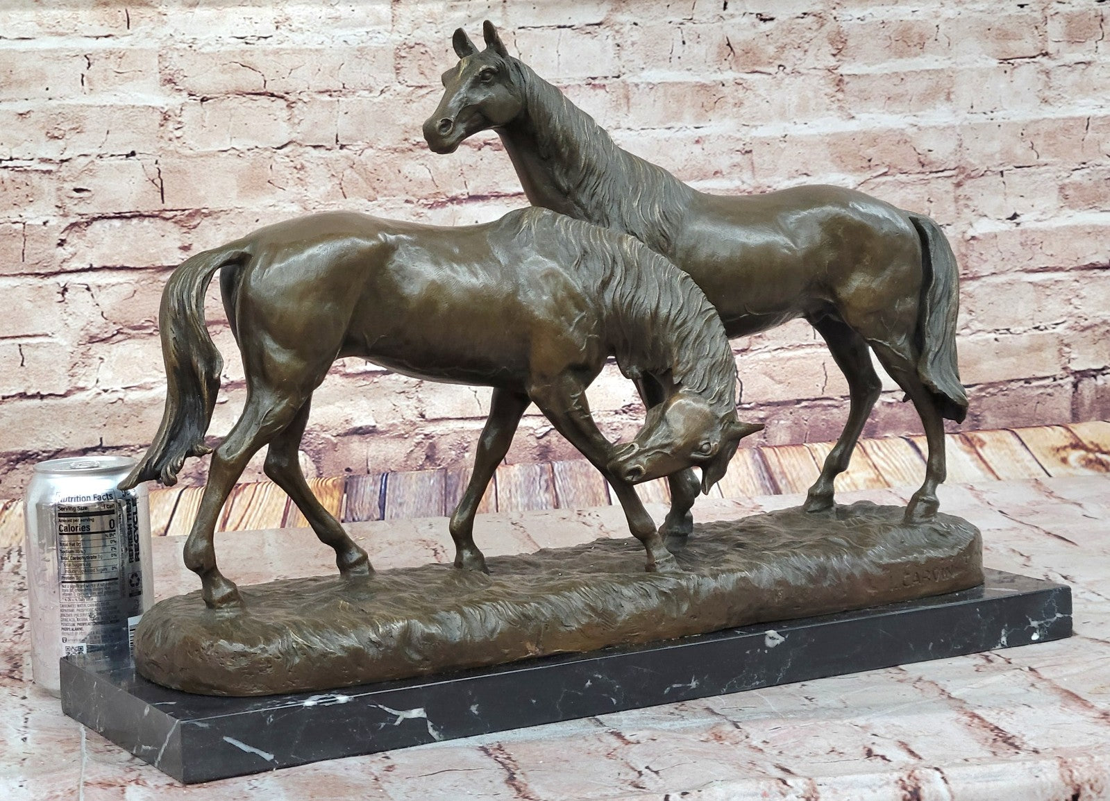 Bronze Sculpture Two Gorgeous Mare Horses Racing Statue Marble Base Figure