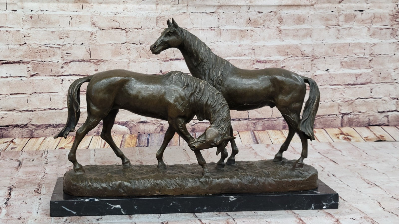 Bronze Sculpture Two Gorgeous Mare Horses Racing Statue Marble Base Figure