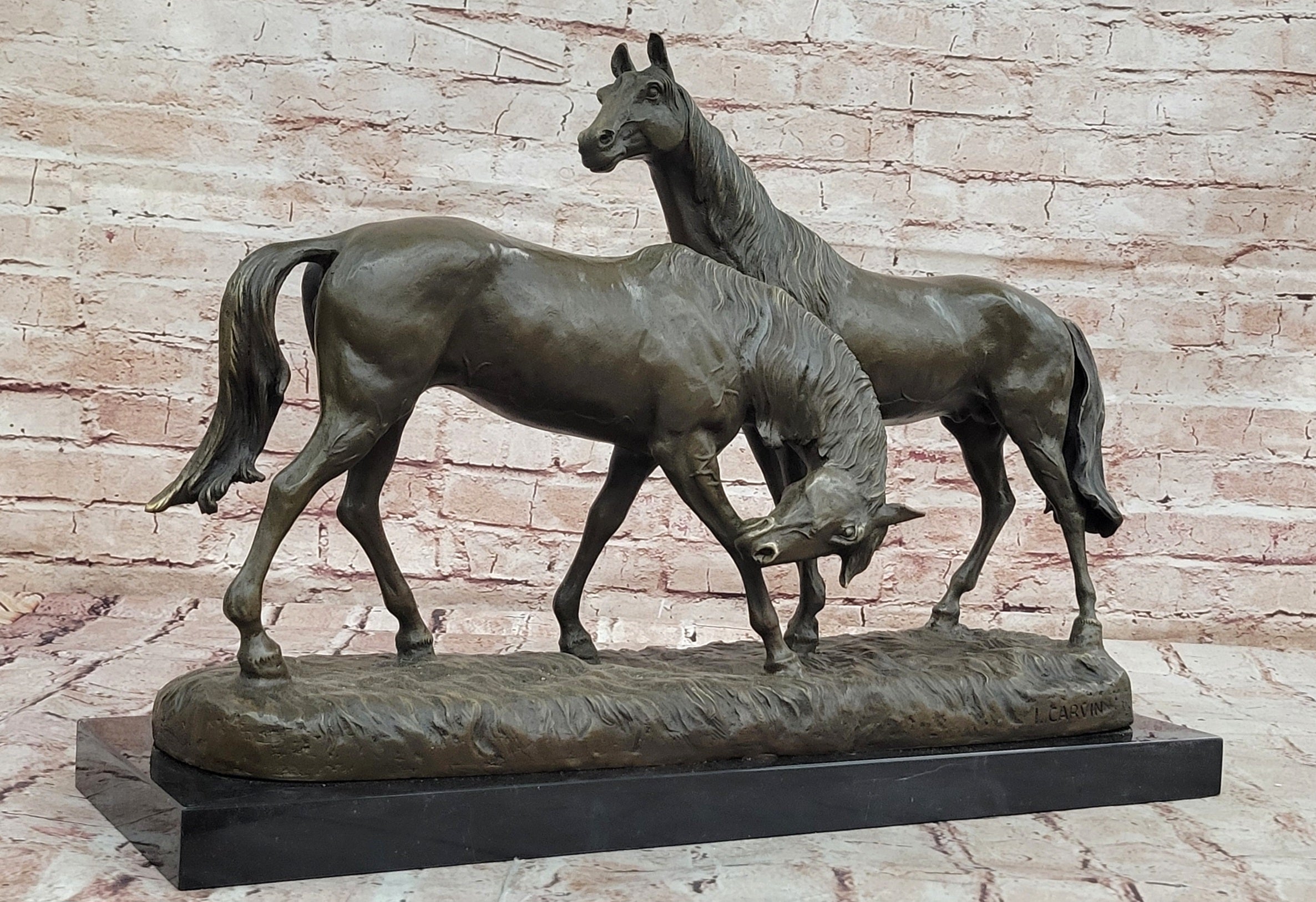 Bronze Sculpture Two Gorgeous Mare Horses Racing Statue Marble Base Figure