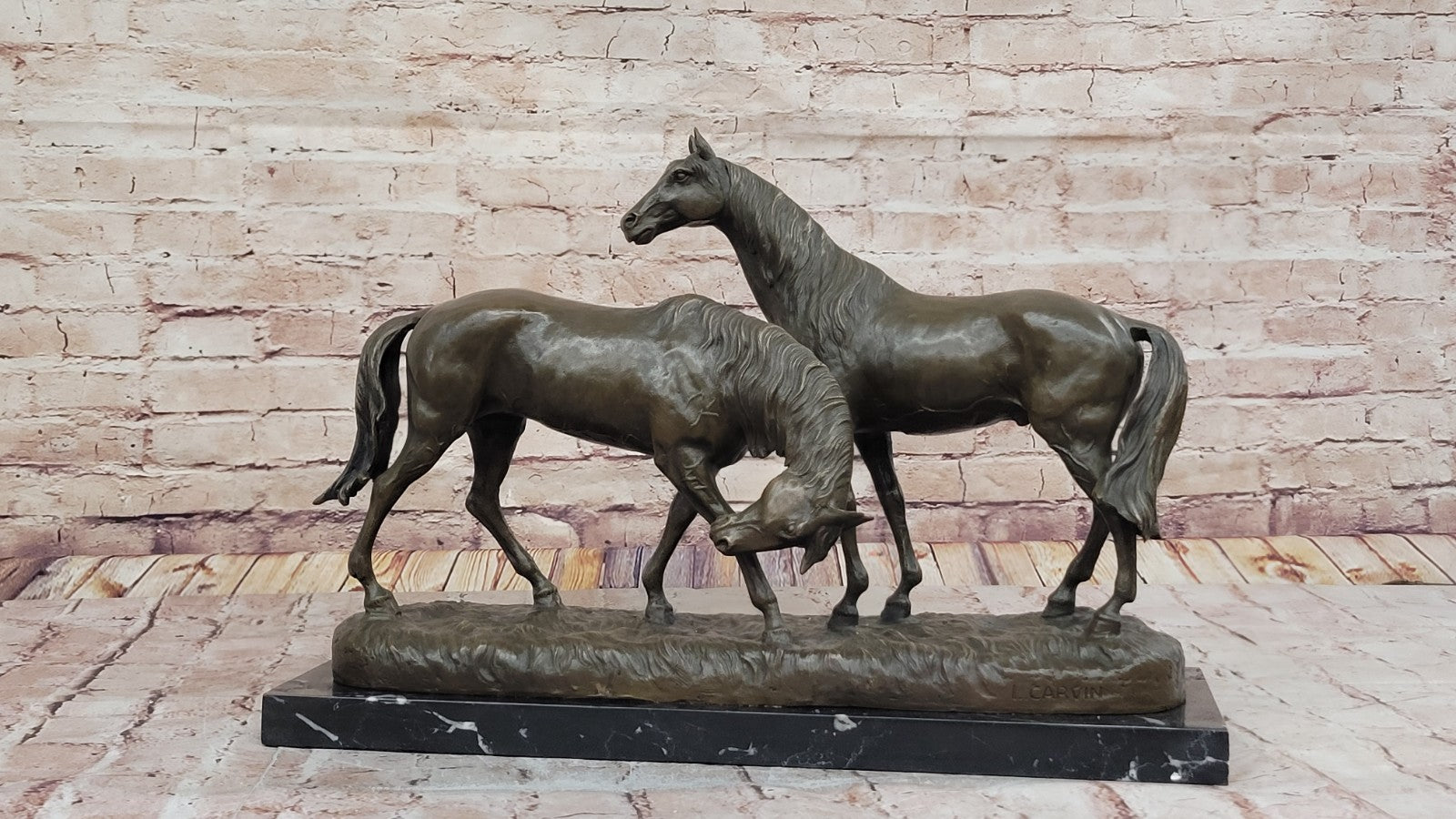 Bronze Sculpture Two Gorgeous Mare Horses Racing Statue Marble Base Figure