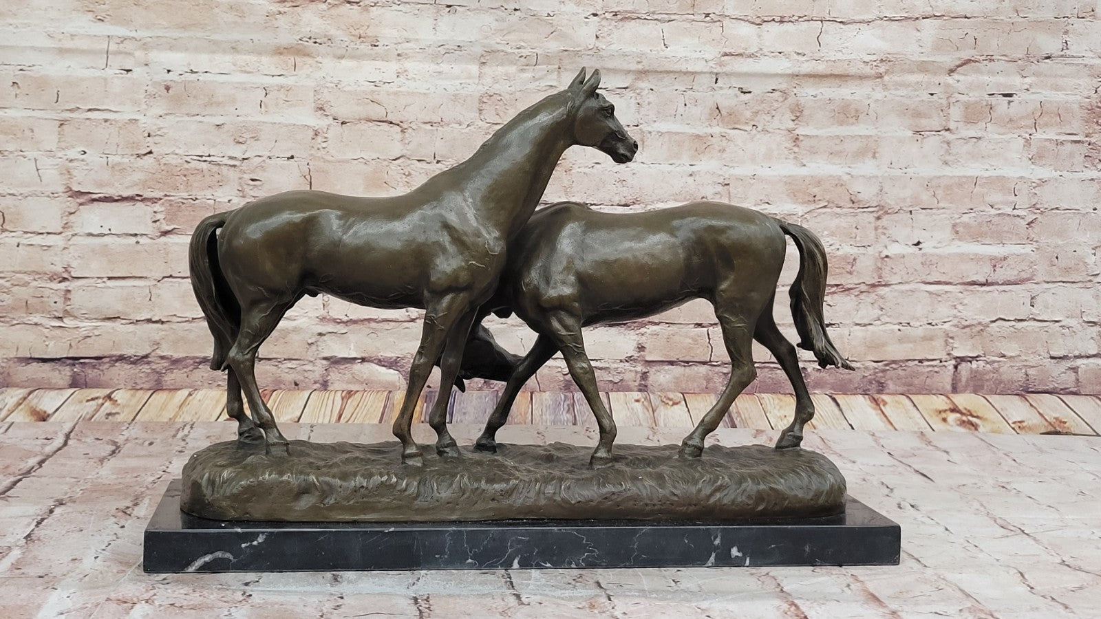 Bronze Sculpture Two Gorgeous Mare Horses Racing Statue Marble Base Figure