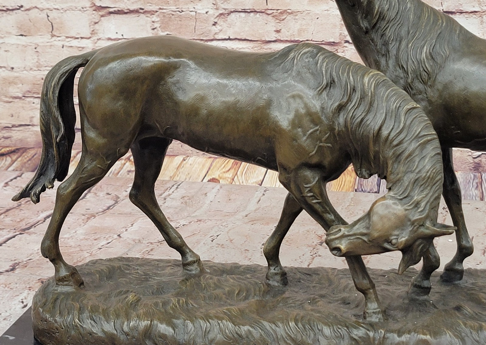 Bronze Sculpture Two Gorgeous Mare Horses Racing Statue Marble Base Figure