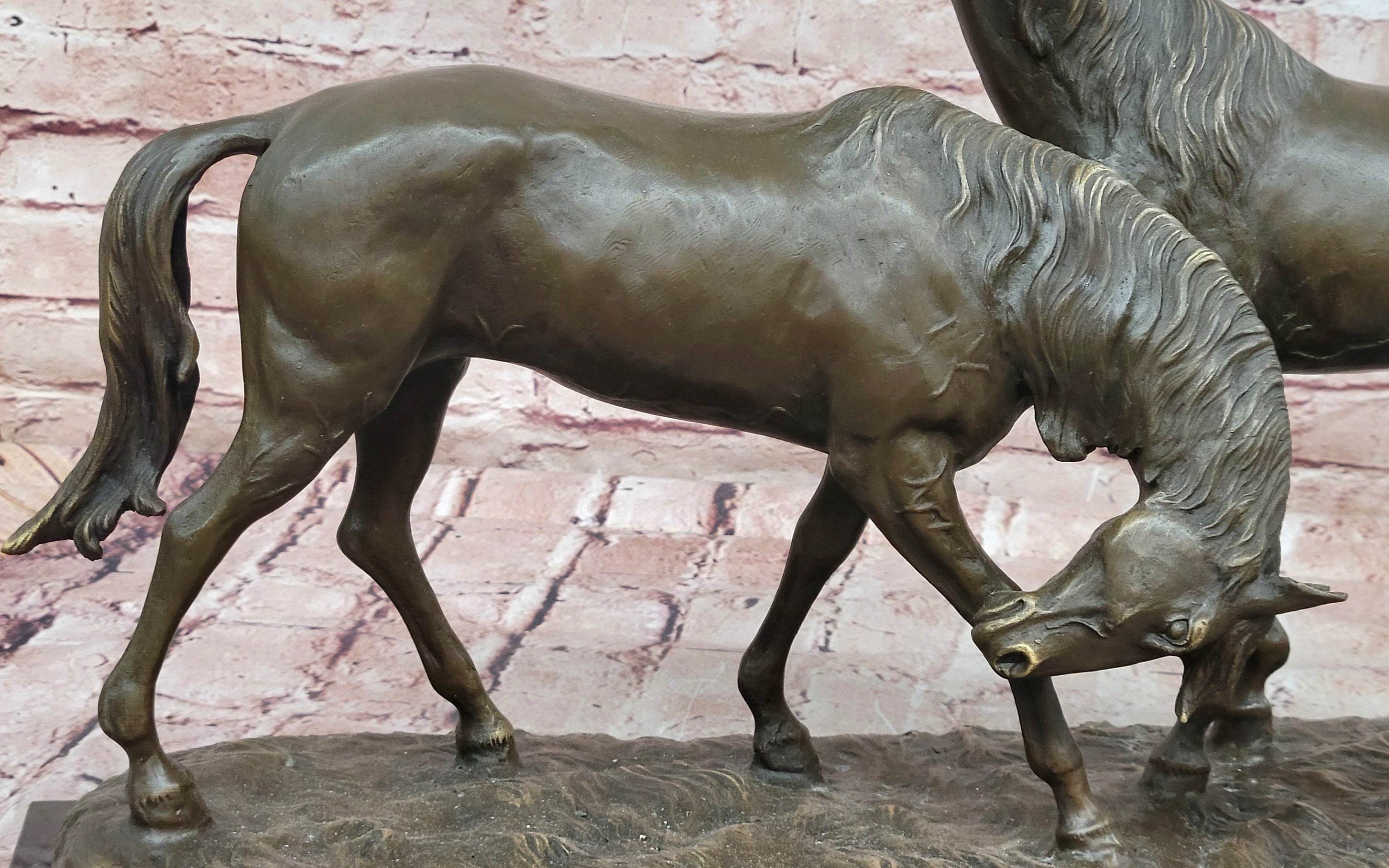 Bronze Sculpture Two Gorgeous Mare Horses Racing Statue Marble Base Figure