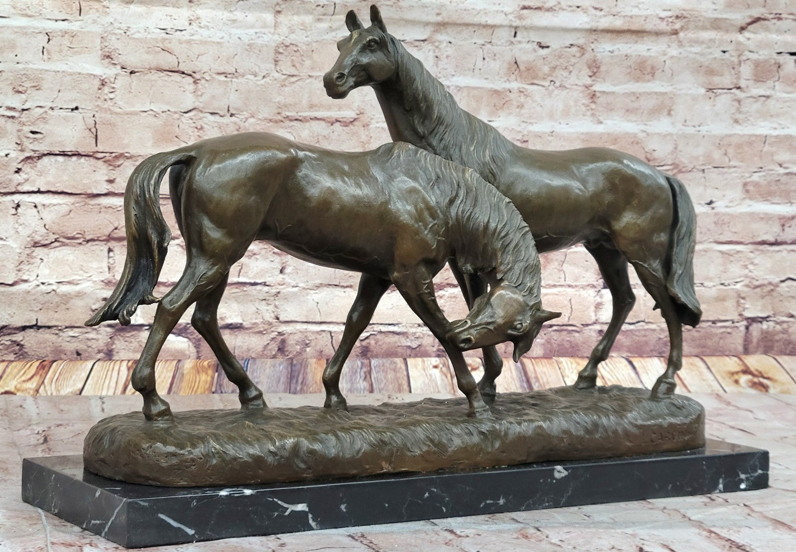 Bronze Sculpture Two Gorgeous Mare Horses Racing Statue Marble Base Figure