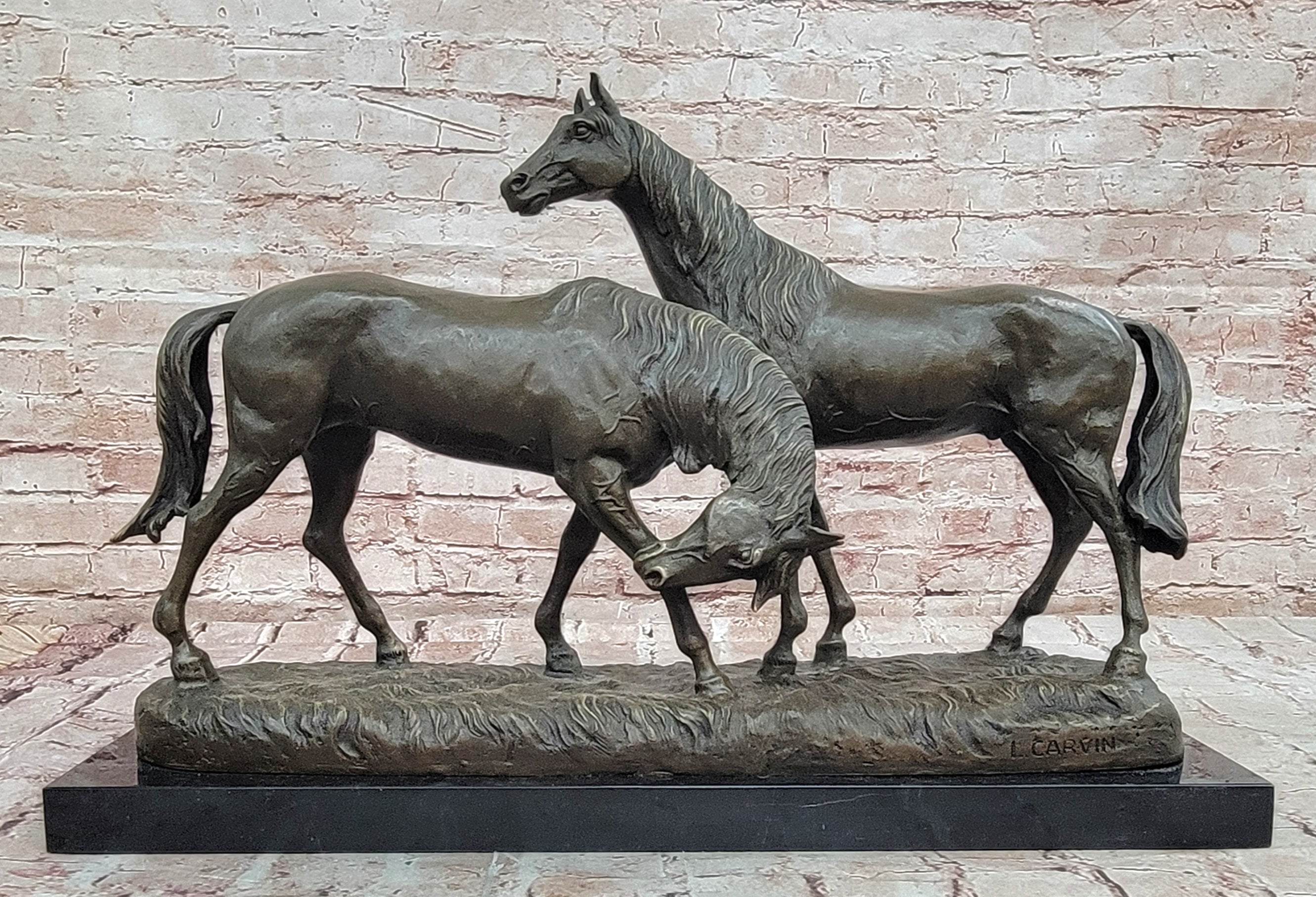 Bronze Sculpture Two Gorgeous Mare Horses Racing Statue Marble Base Figure