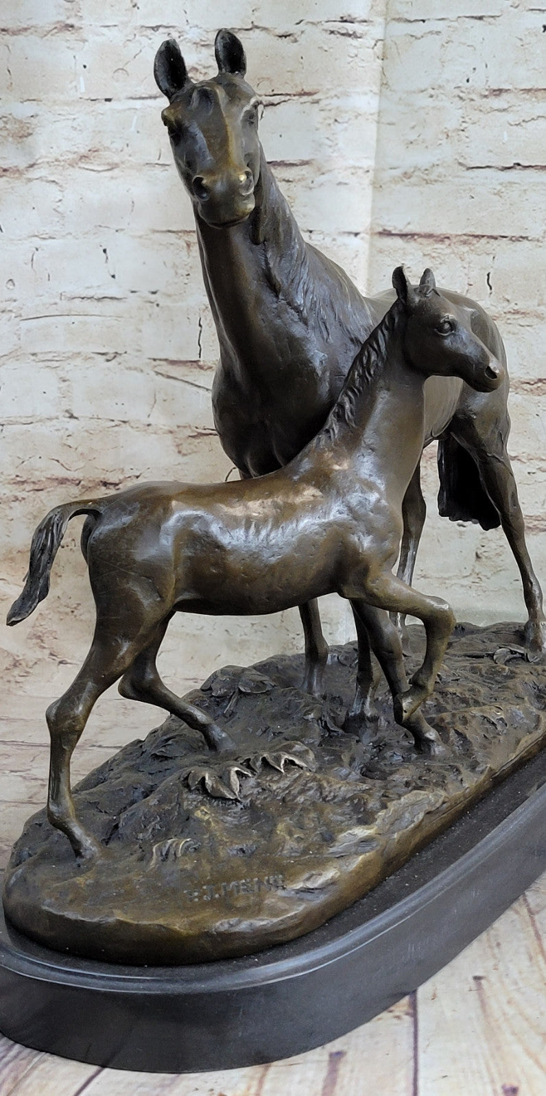 BRONZE CLASSIC TWO HORSES MARE & FOAL, SIGNED: MENE LOST WAX METHOD STATUE