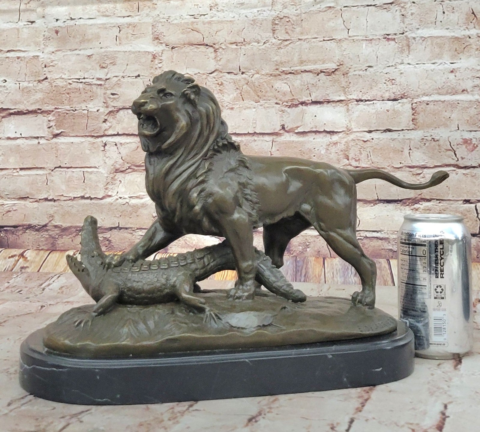 Bronze Sculpture Hand Made Hot Cast Detailed Lion Vs Reptile Marble Figure