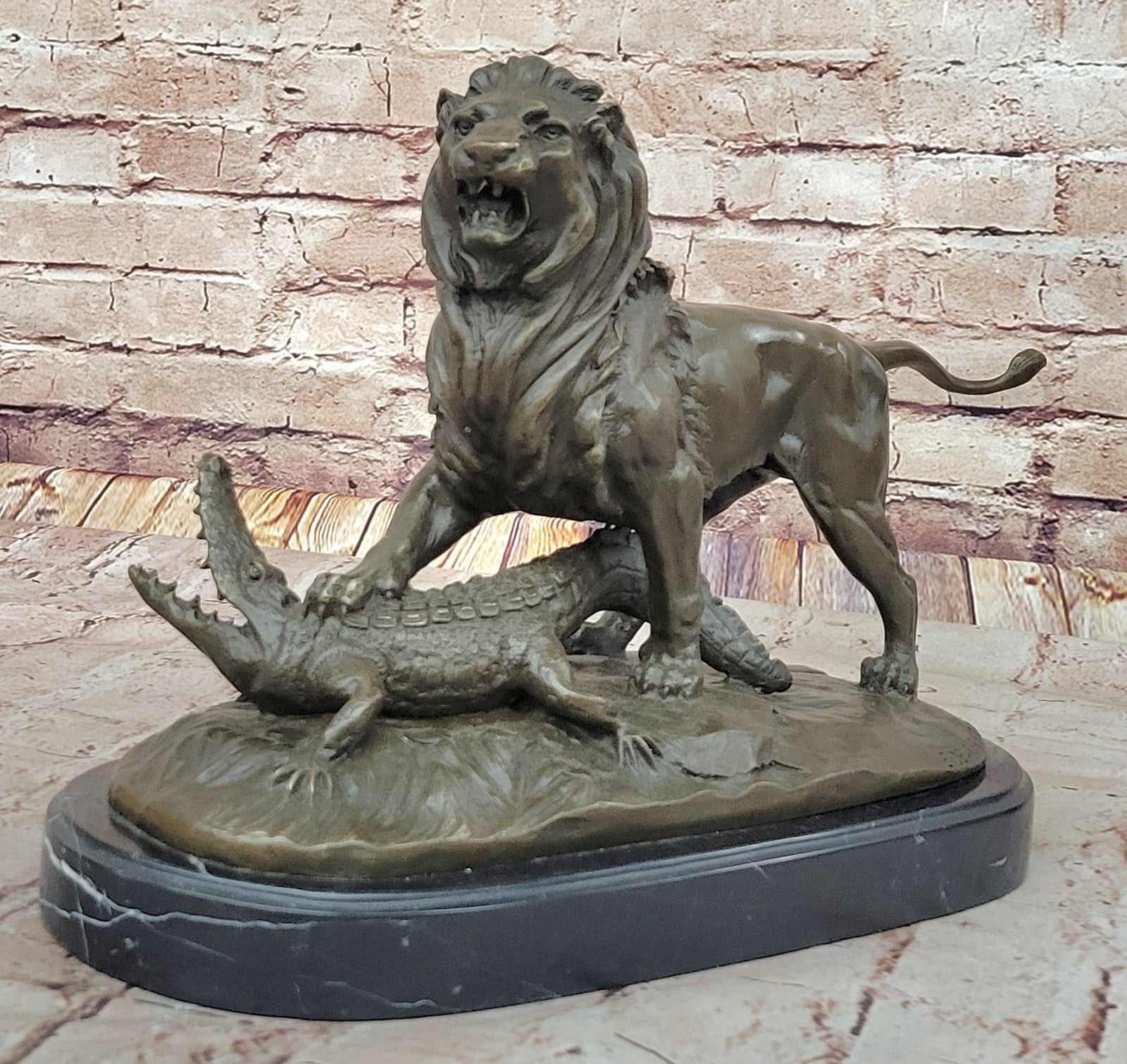Bronze Sculpture Hand Made Hot Cast Detailed Lion Vs Reptile Marble Figure
