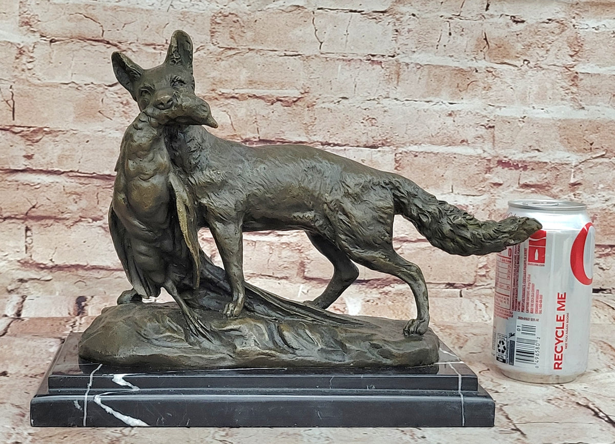 Art Deco Hand Made Hunting Dog with Bird on Marble Base Bronze Statue Figure