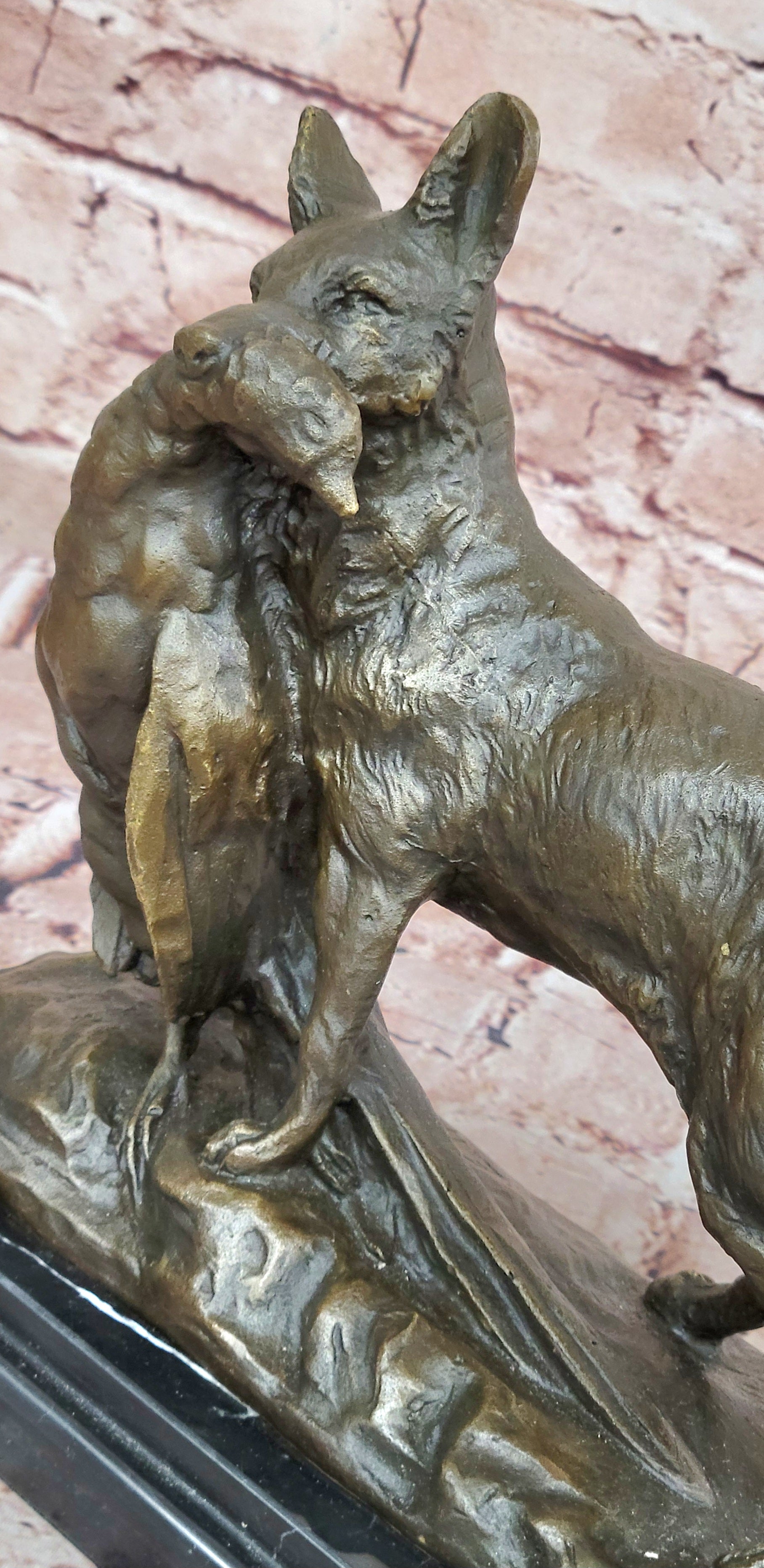 Art Deco Hand Made Hunting Dog with Bird on Marble Base Bronze Statue Figure