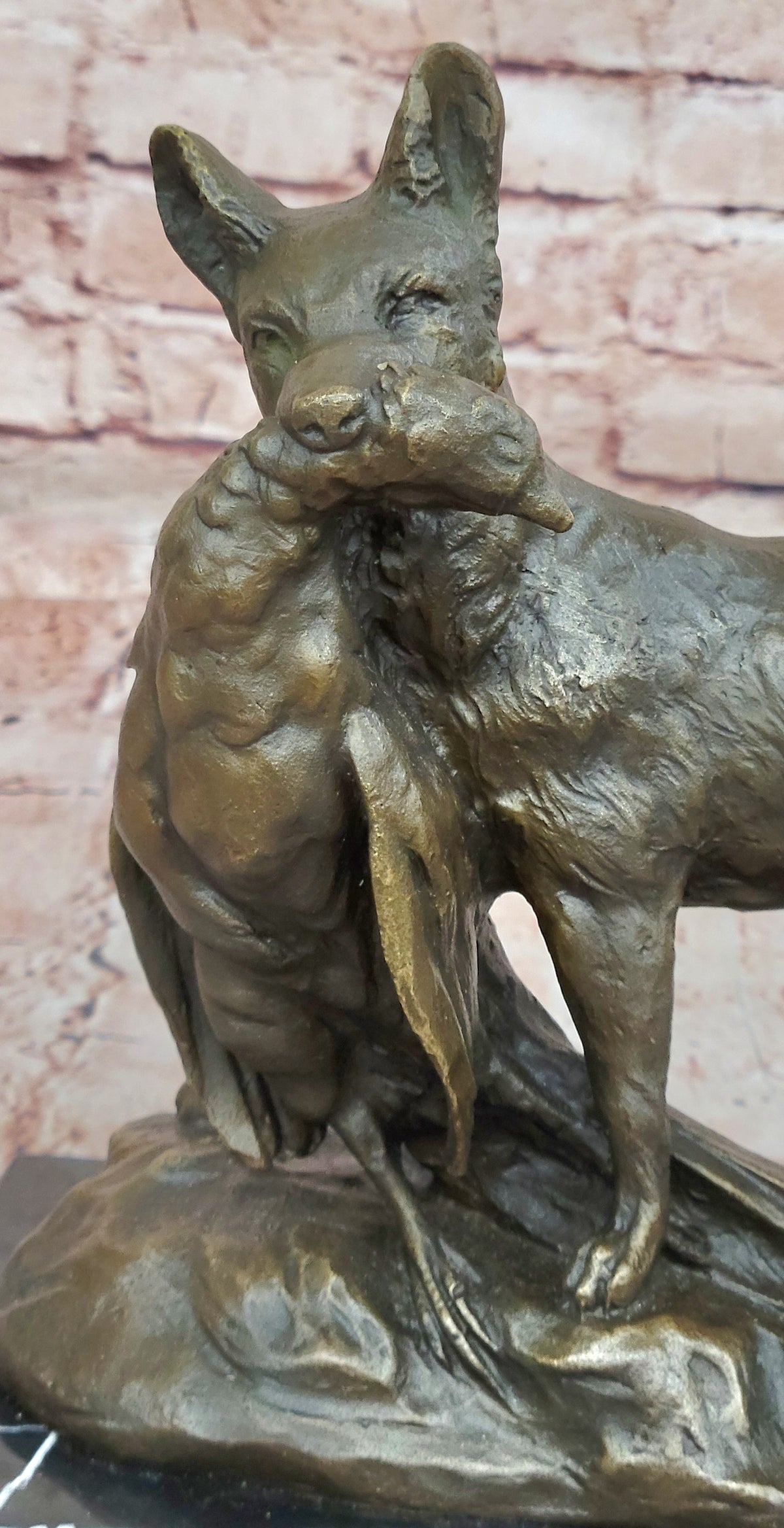 Art Deco Hand Made Hunting Dog with Bird on Marble Base Bronze Statue Figure