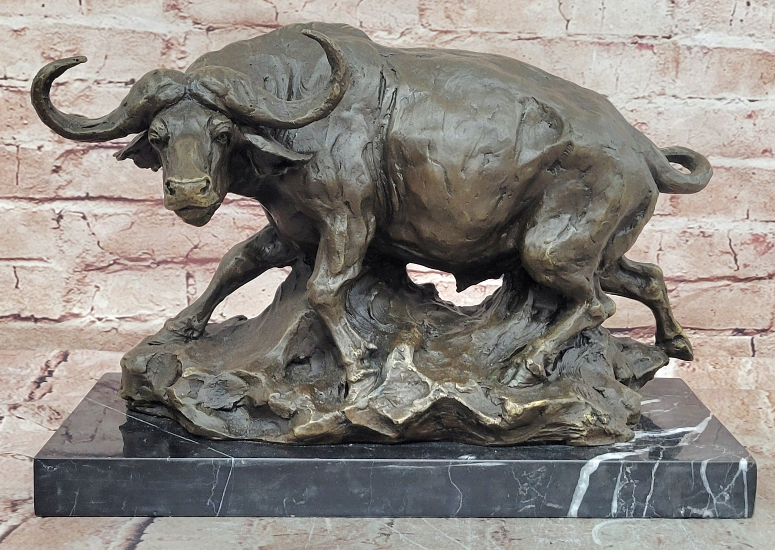 Bronze Wildlife Buffalo Sculpture Signed Milo Animal Statue Home Decor