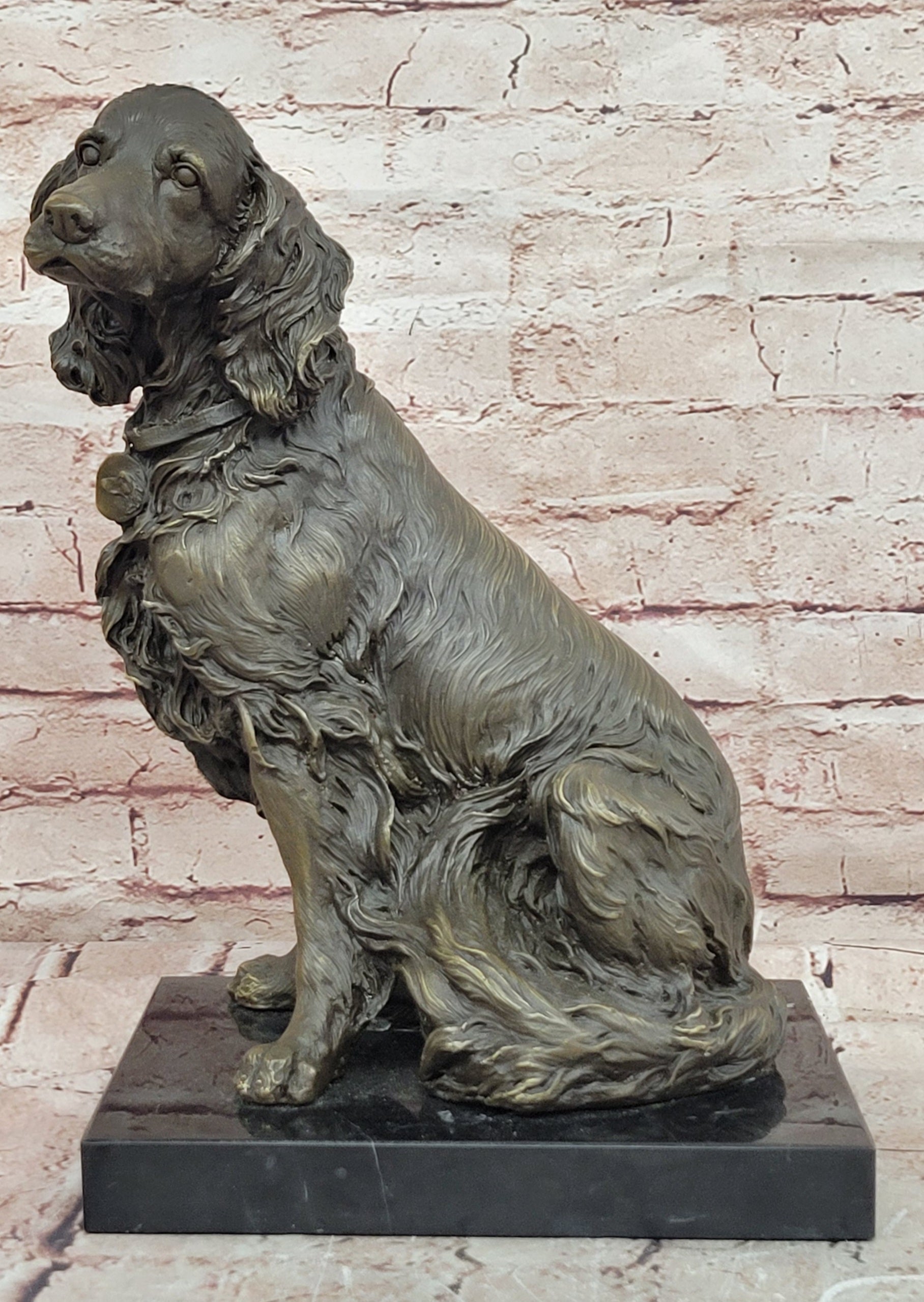 Signed M. Lopez Bronze Dog Sculpture Cocker Spaniel Sitting Figurine