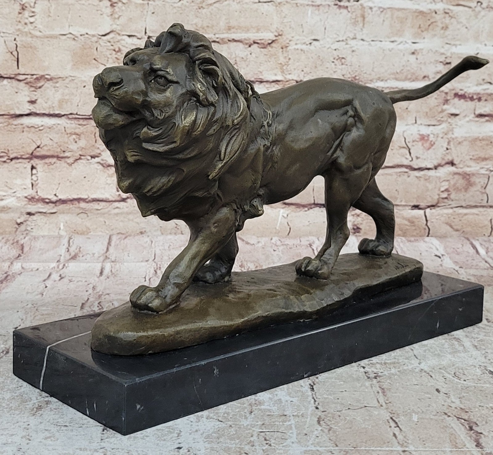 15" Art Deco Sculpture Animal Male Lion Marble Base Bronze Statue