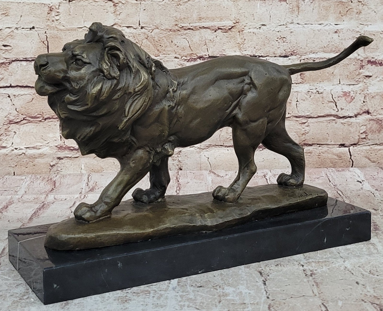 15" Art Deco Sculpture Animal Male Lion Marble Base Bronze Statue