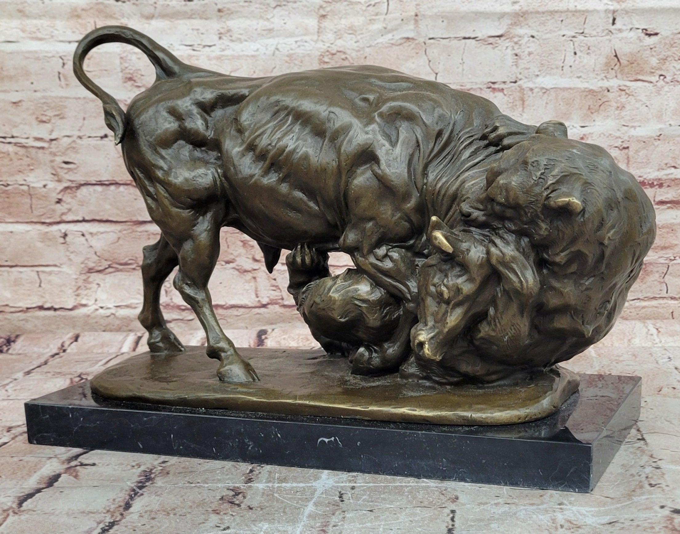 Milo 100% Bronze Buffalo Fight Sculpture Hot Cast Wildlife Home Decor