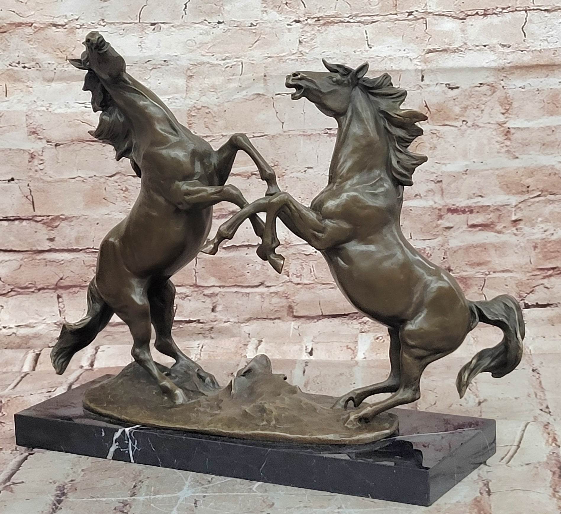 Milo Bronze Two Rearing Horses Sculpture Fighting Stallions Collectible