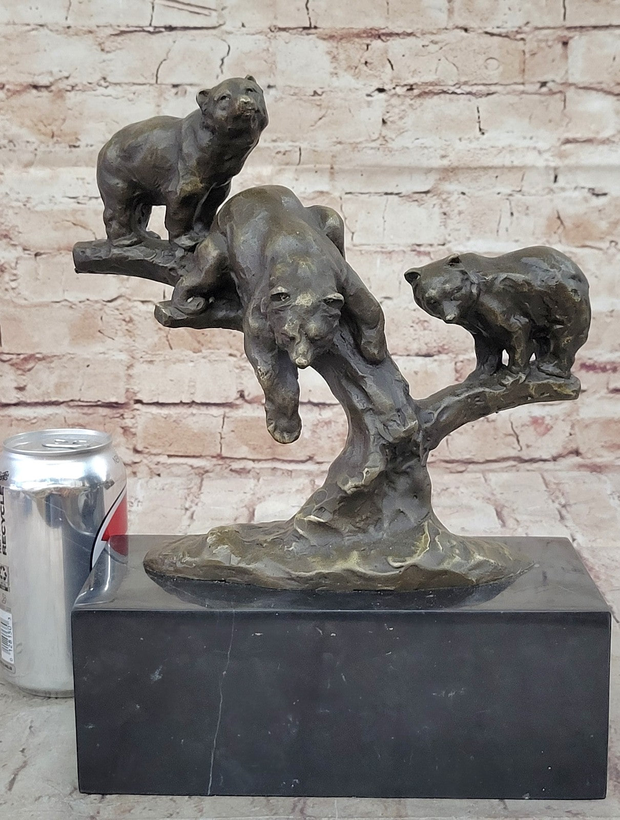 Art Deco Hot Cast 3 Brown Bears Bronze Sculpture on a White Marble Base Figurine