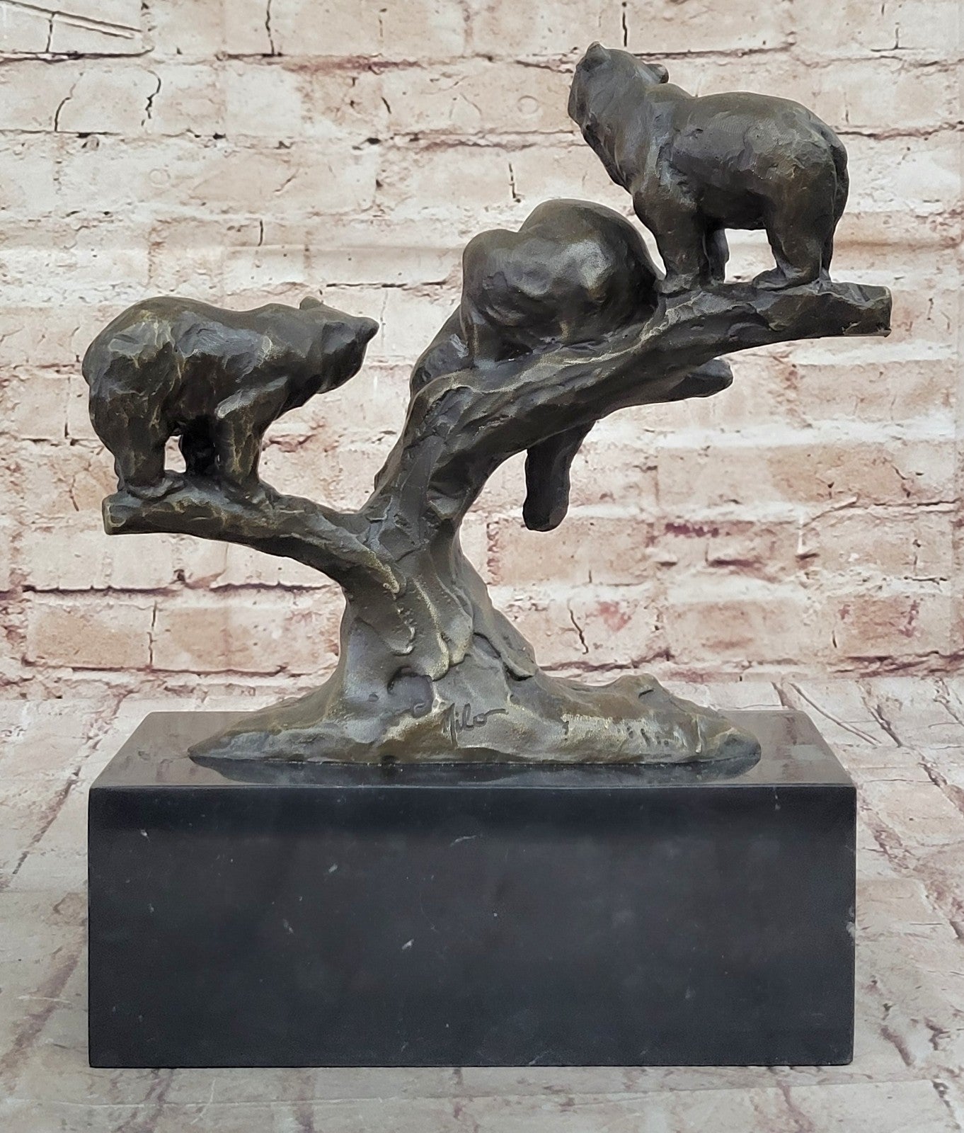 Art Deco Hot Cast 3 Brown Bears Bronze Sculpture on a White Marble Base Figurine