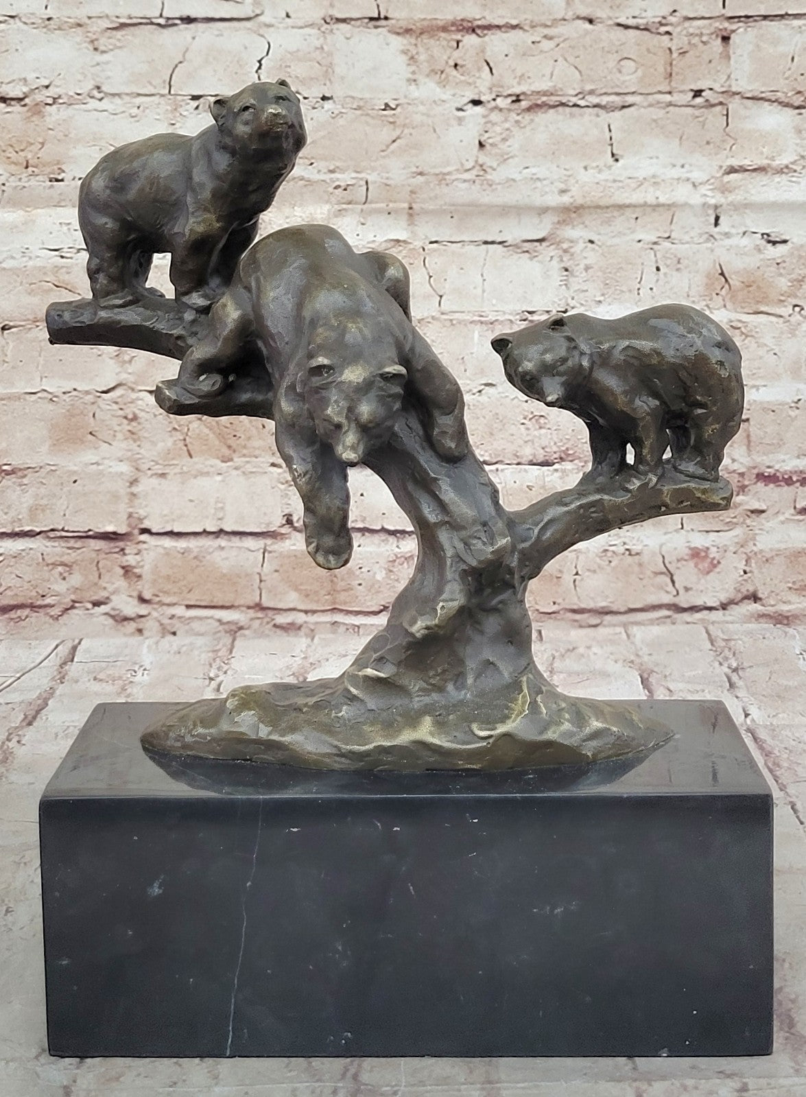 Art Deco Hot Cast 3 Brown Bears Bronze Sculpture on a White Marble Base Figurine