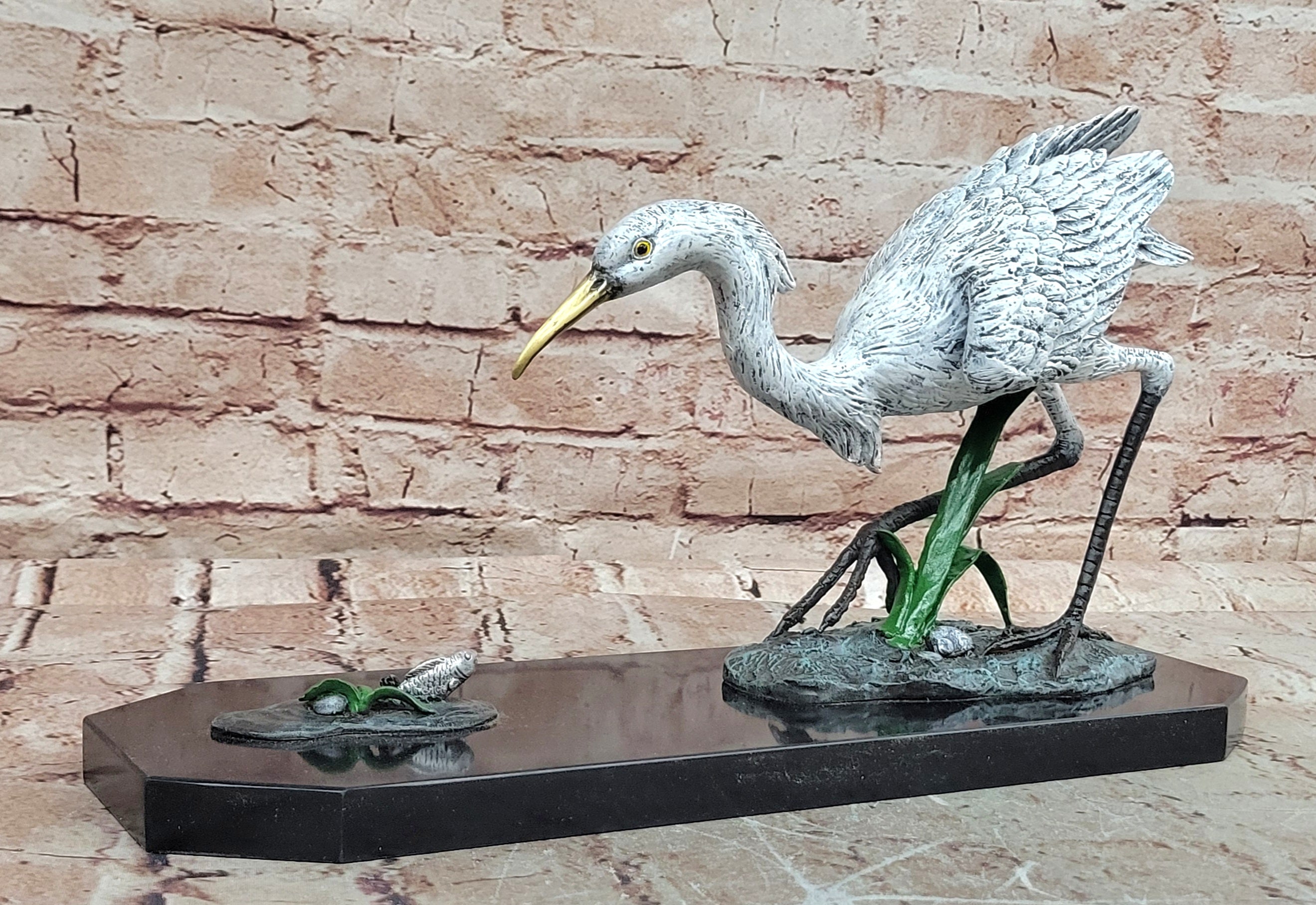 Handcrafted Milo Bronze Egret Crane Hunting Fish Sculpture Hot Cast Statue