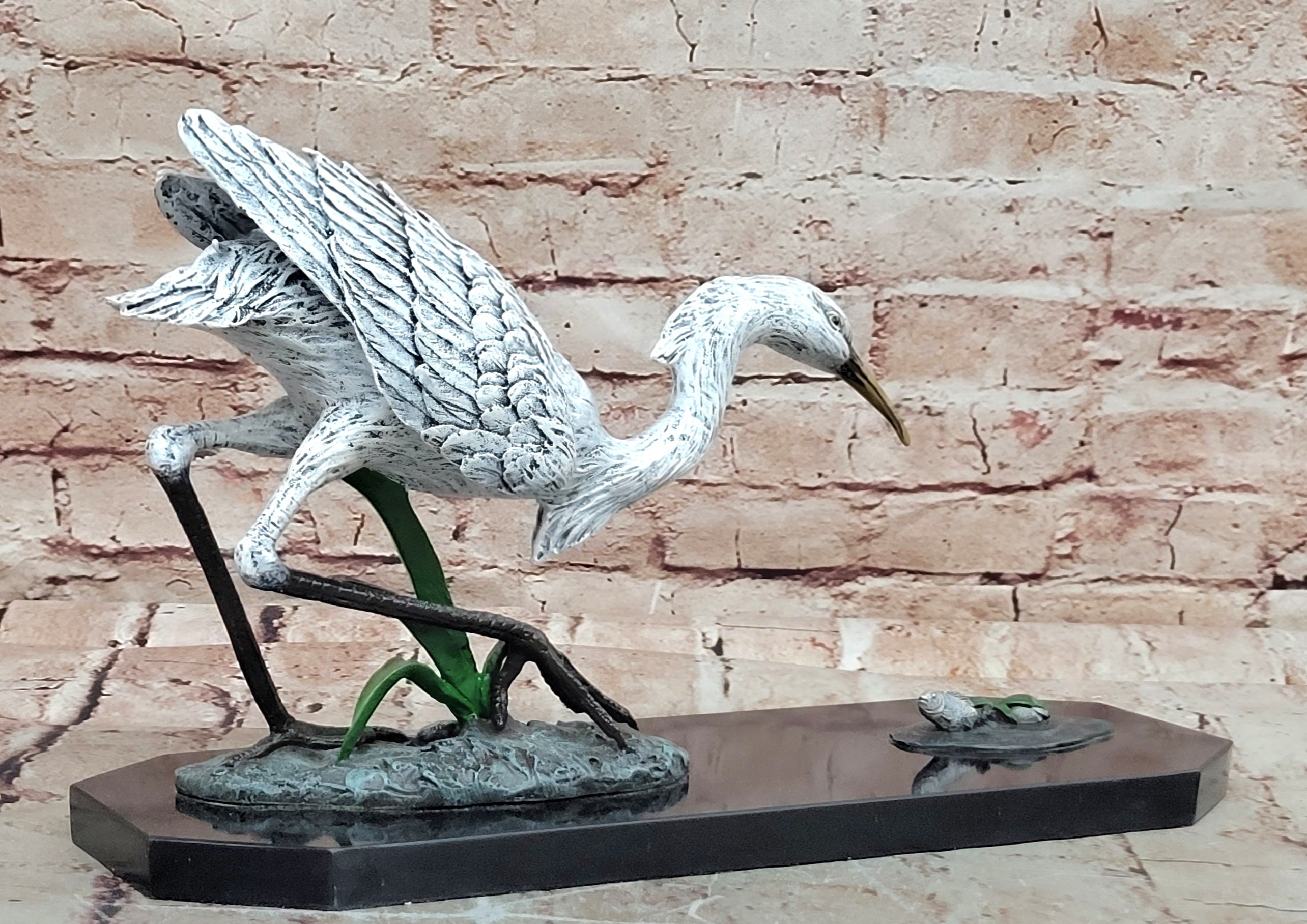 Handcrafted Milo Bronze Egret Crane Hunting Fish Sculpture Hot Cast Statue