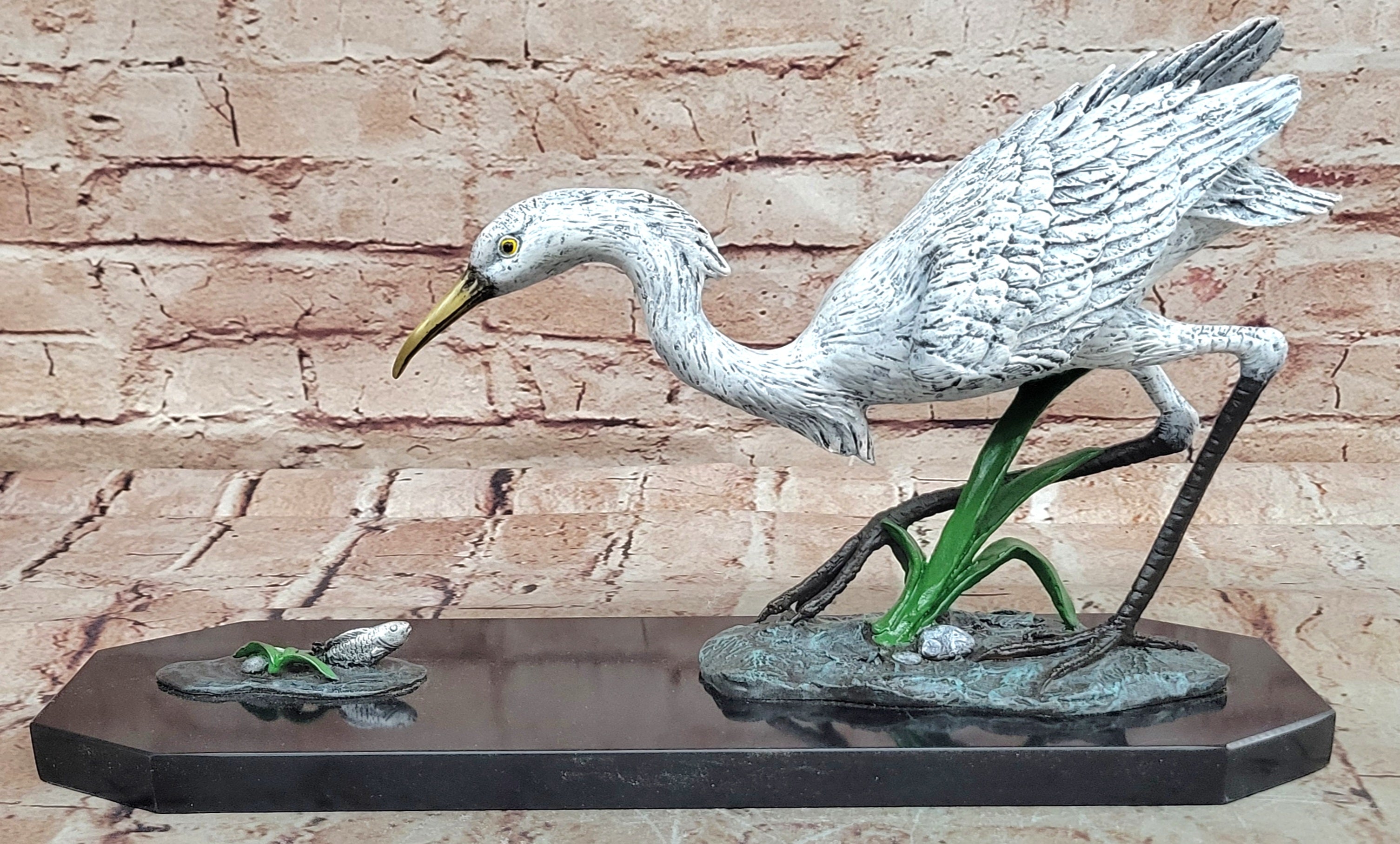Handcrafted Milo Bronze Egret Crane Hunting Fish Sculpture Hot Cast Statue
