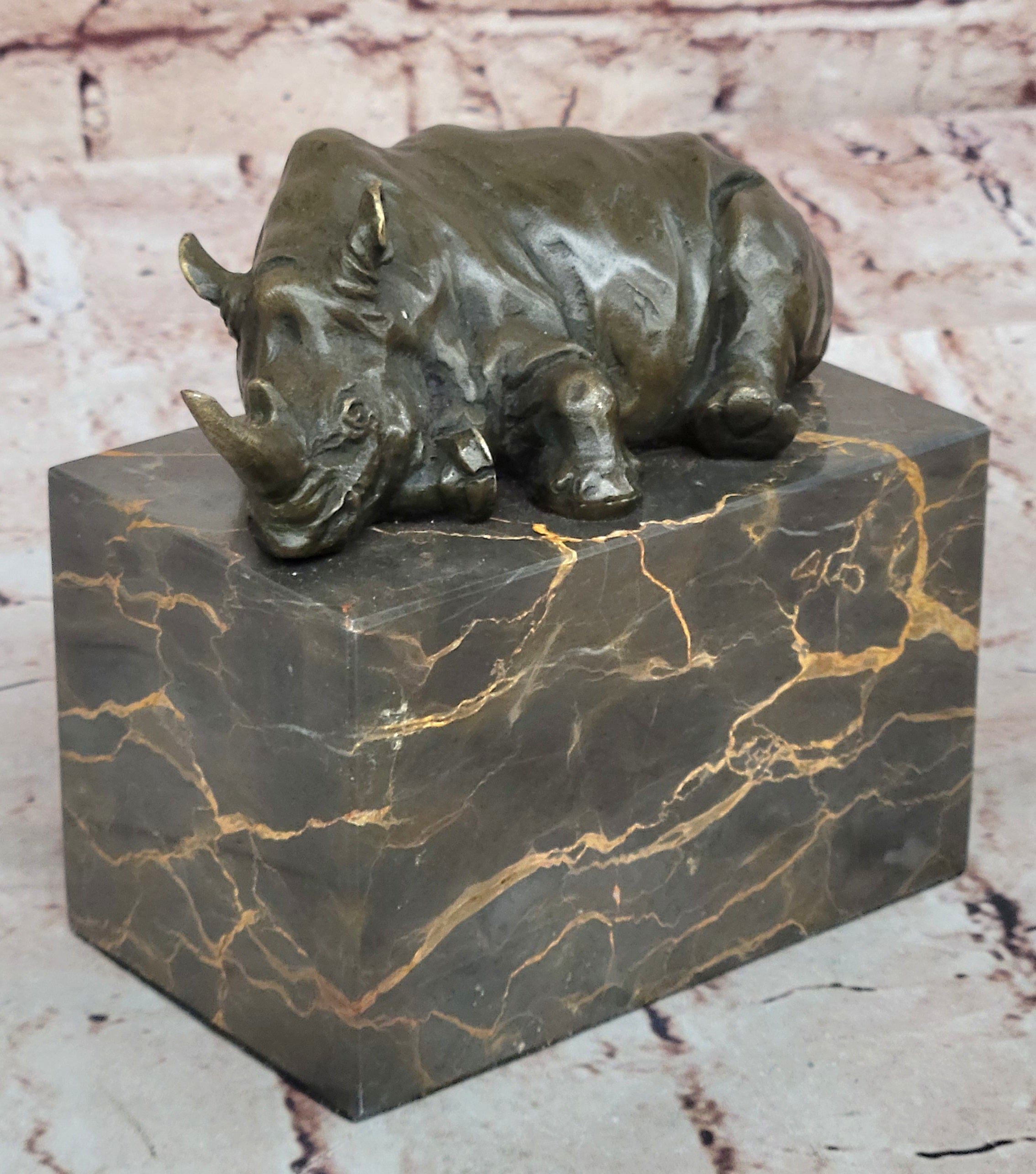 Bronze Sculpture of Rhino Rhinoceros Hot Cast Detailed Marble Base Figure Gift